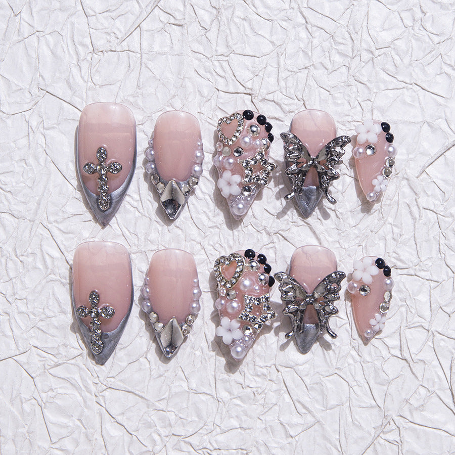 Pink and silver gothic and elegant party and daily wear nail art