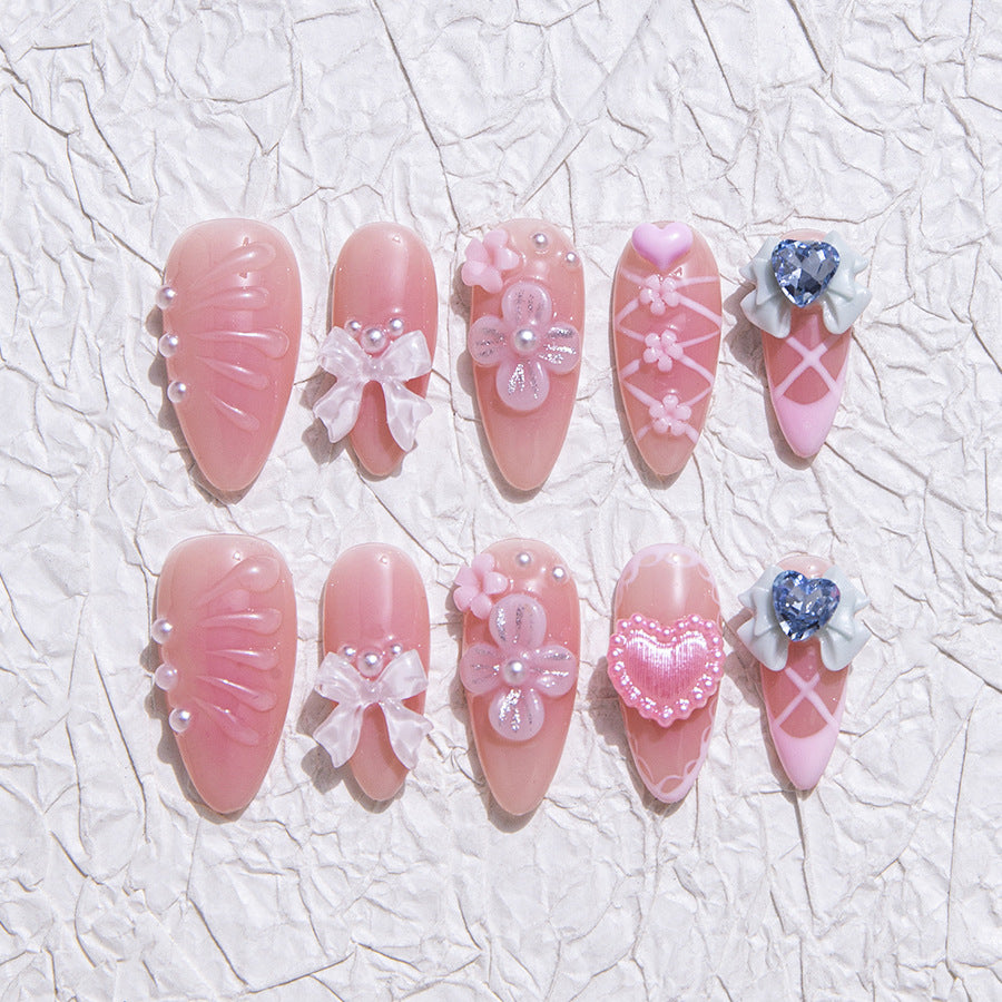 Pastel Sweet Style Party Wearable Nail Art with Pearl and Bow Accents