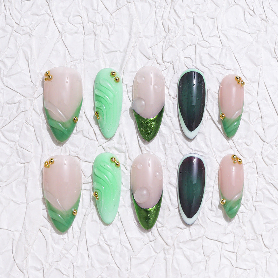 Pink and Green Artistic Daily Wear Press-on Nails