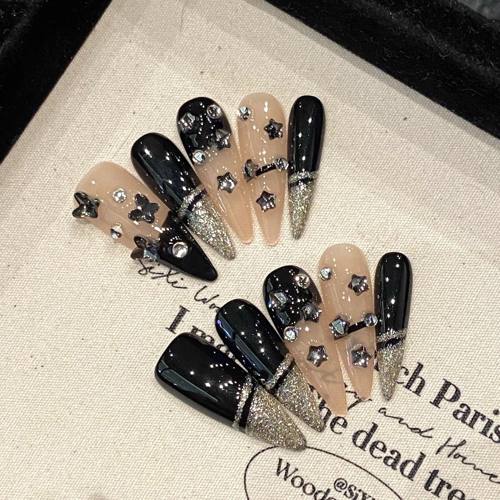 Black and Nude with Glitter Punk Rock Style Party Wearable Nail Art