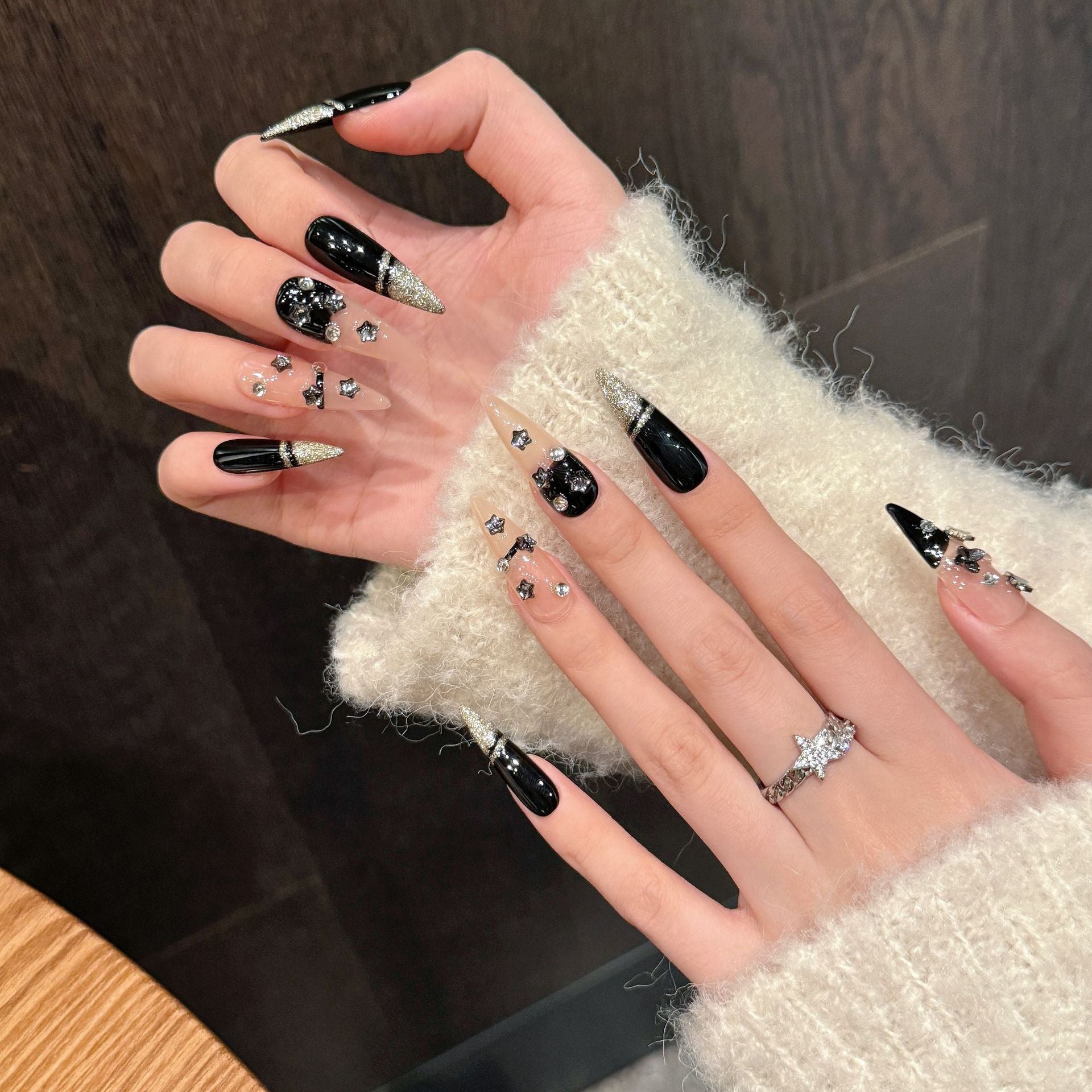 Black and Nude with Glitter Punk Rock Style Party Wearable Nail Art