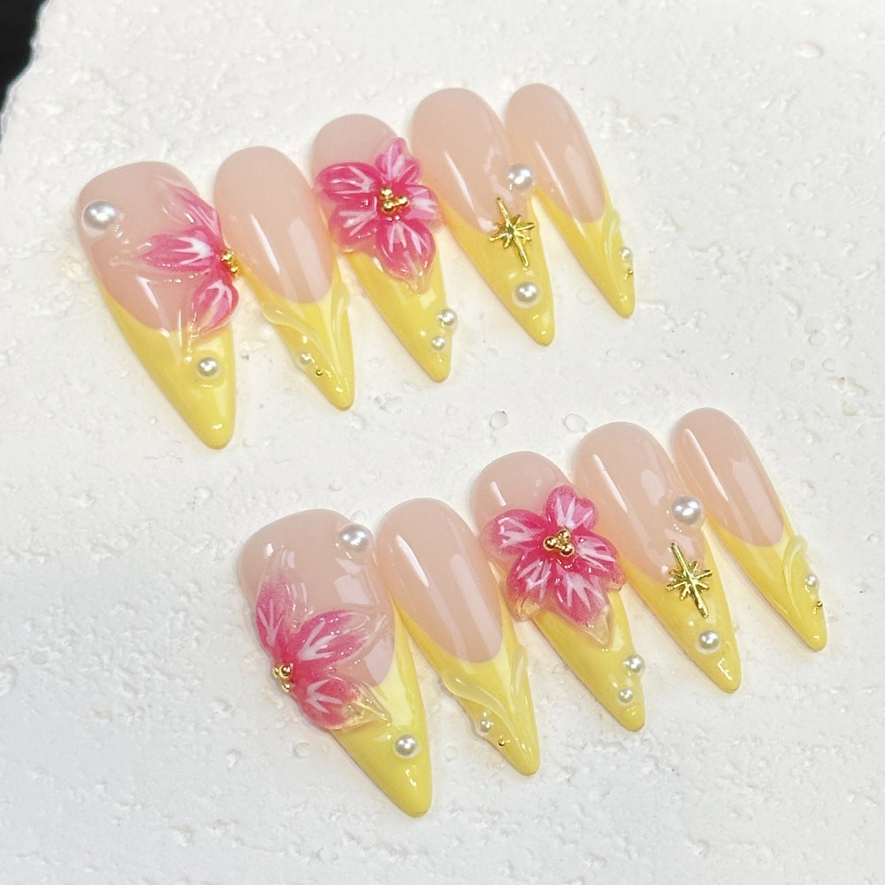 Sweet style daily wear false nails in yellow and pink colors