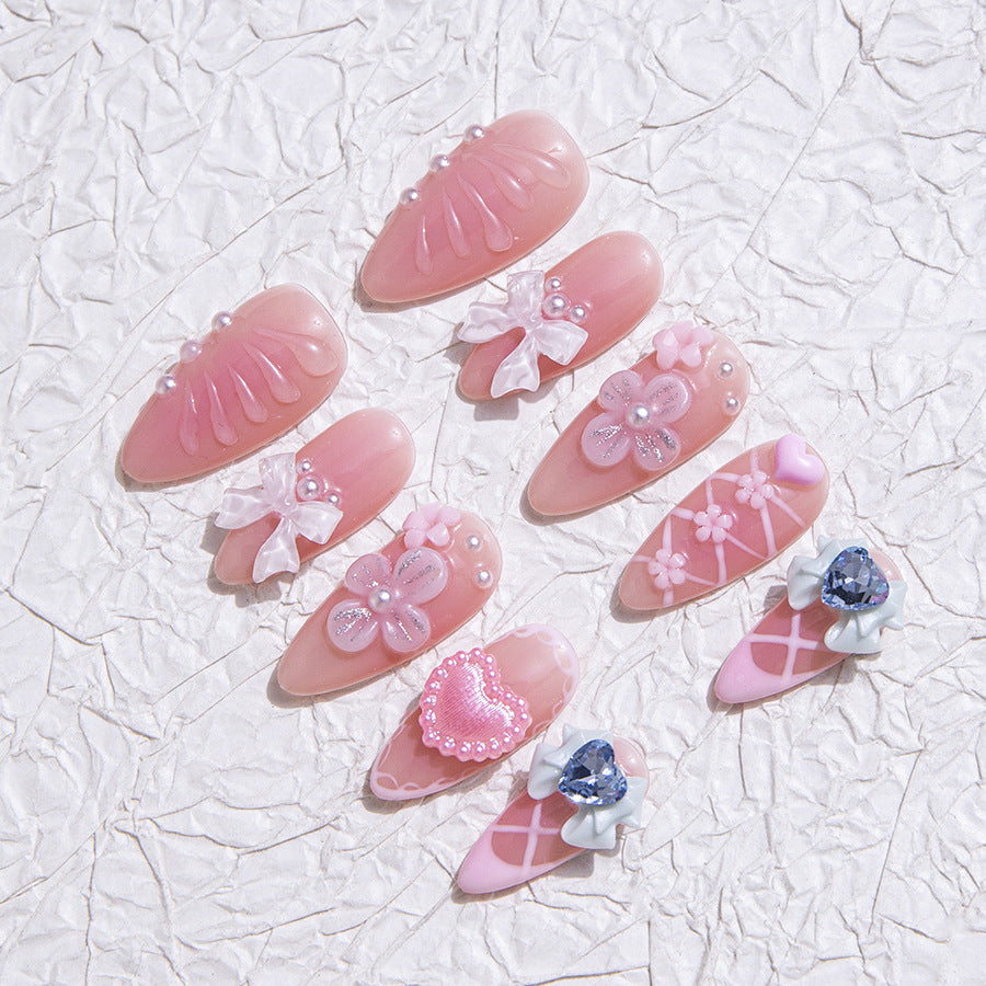 Pastel Sweet Style Party Wearable Nail Art with Pearl and Bow Accents