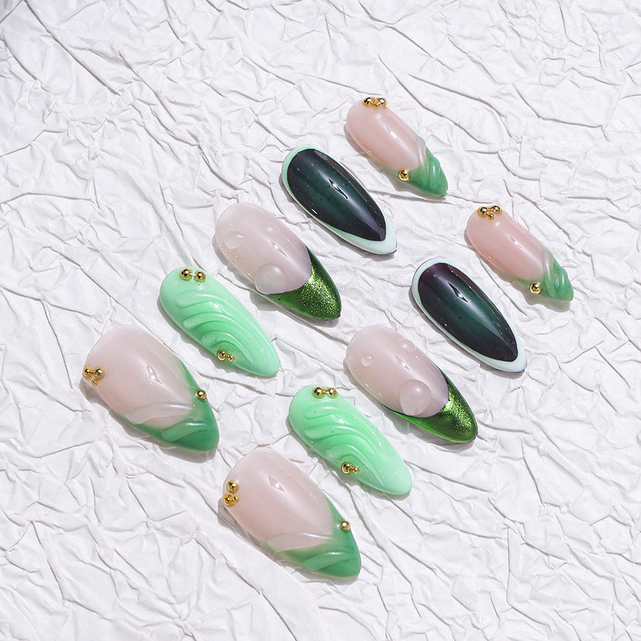 Pink and Green Artistic Daily Wear Press-on Nails