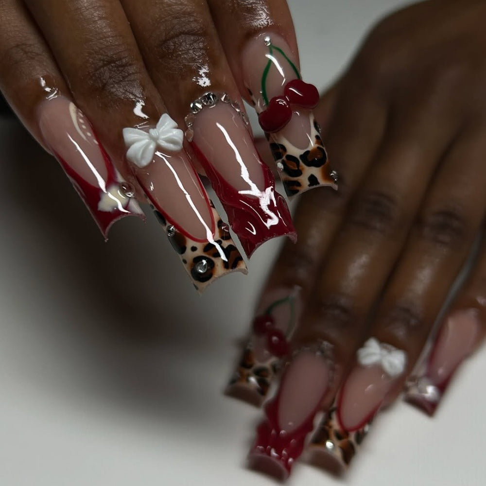 Pink, red, sweet leopard print pattern, daily wear style, nail Acrylic nails