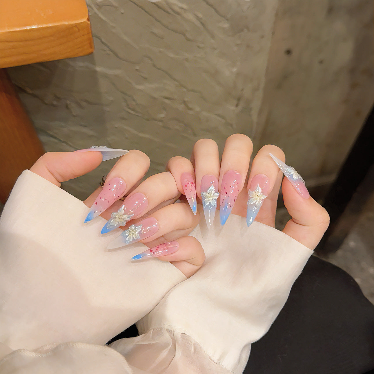 Pink and Blue Gradient Floral Style Daily Wear False Nails