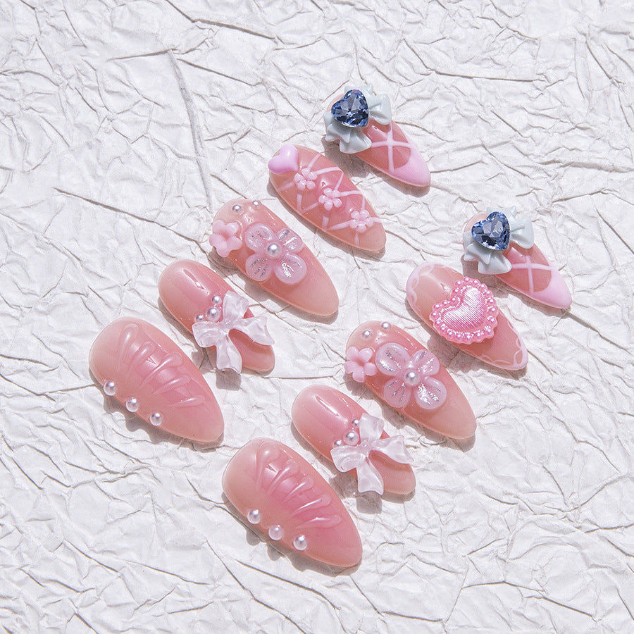 Pastel Sweet Style Party Wearable Nail Art with Pearl and Bow Accents