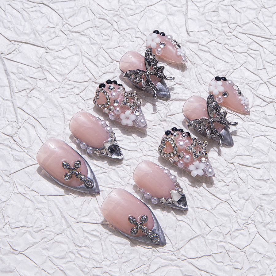 Pink and silver gothic and elegant party and daily wear nail art