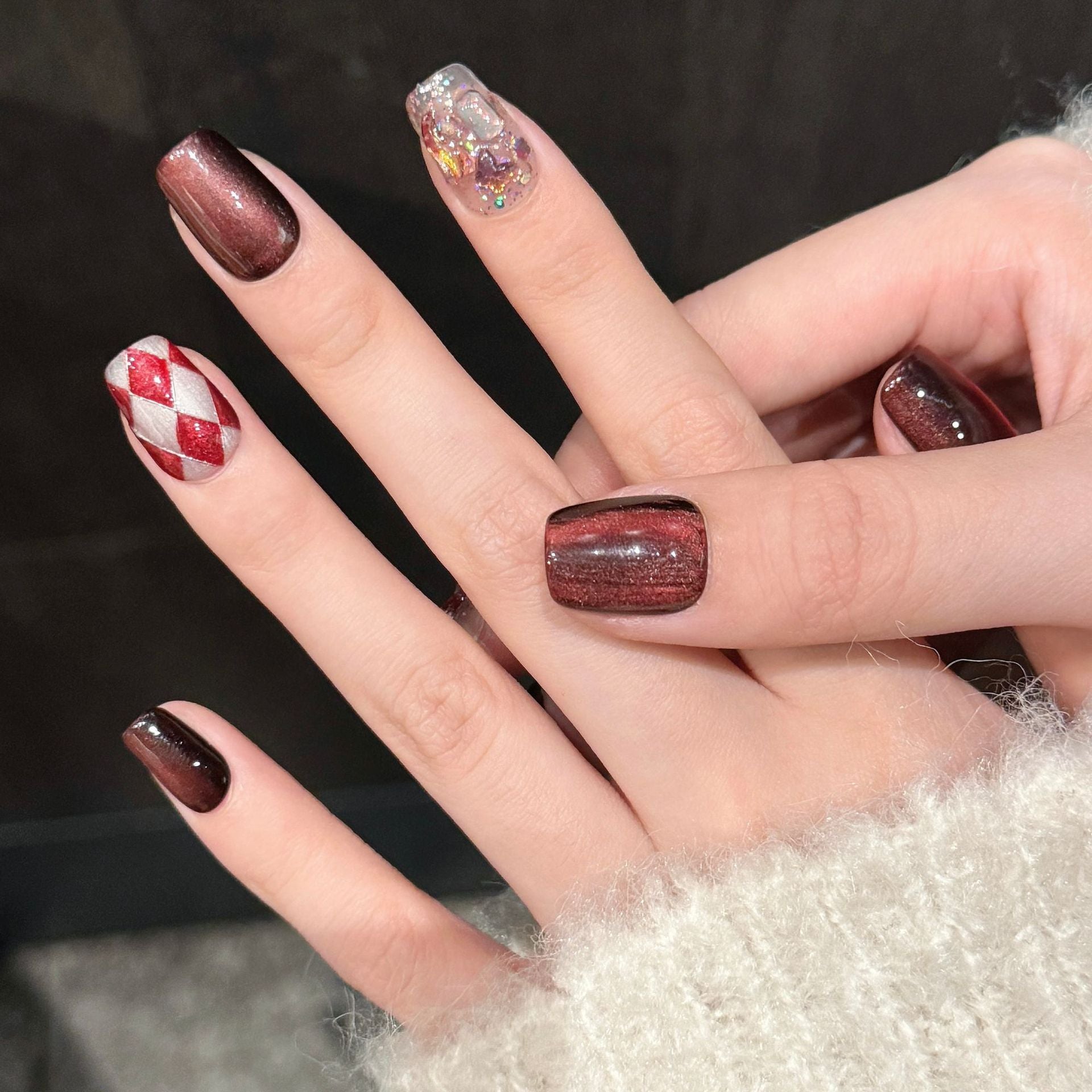 Dark Red and Red Checkered Style for Winter Wearable Nail Art