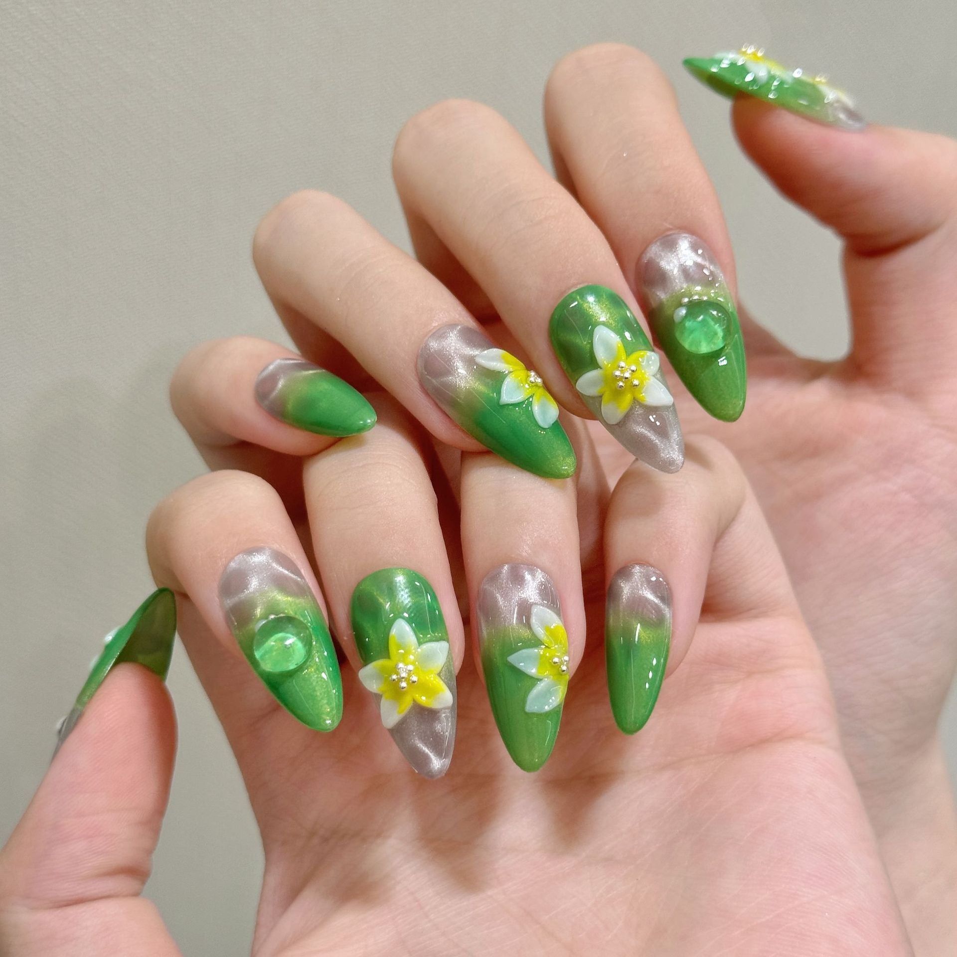 Green - themed floral style daily wear press - on nails