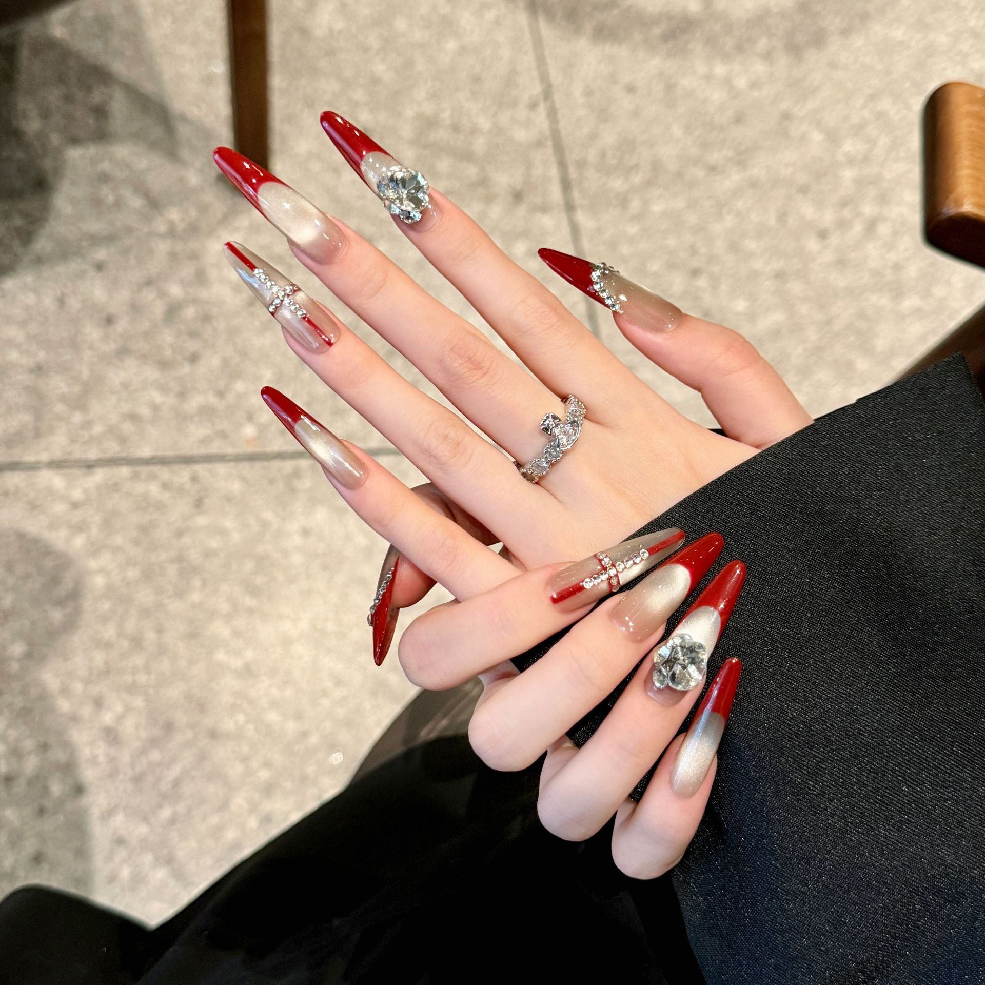Red and White Elegant Evening Wear Press-On Nails with Rhinestones