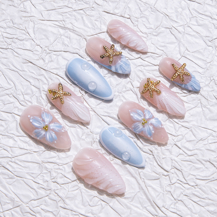 Pastel and Light Blue Color Beach Style Summer Wearable Nails