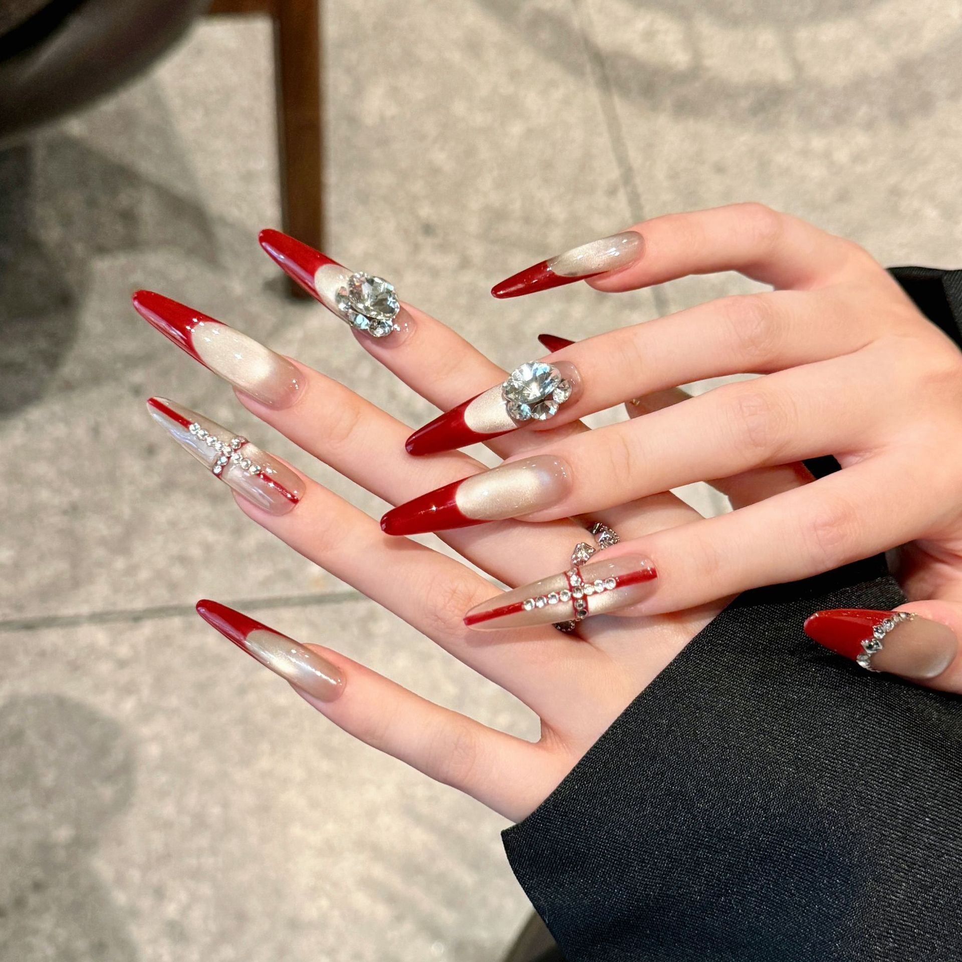 Red and White Elegant Evening Wear Press-On Nails with Rhinestones