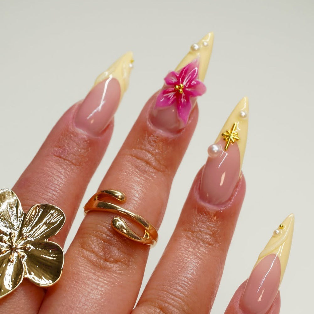 Sweet style daily wear false nails in yellow and pink colors