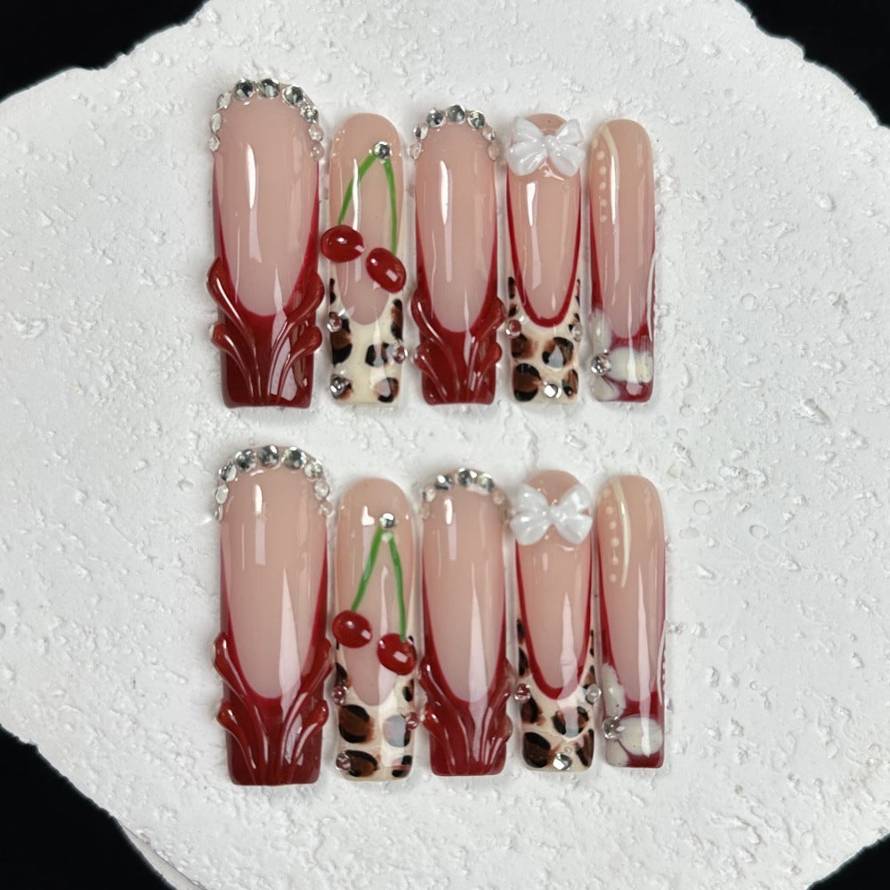 Pink, red, sweet leopard print pattern, daily wear style, nail Acrylic nails