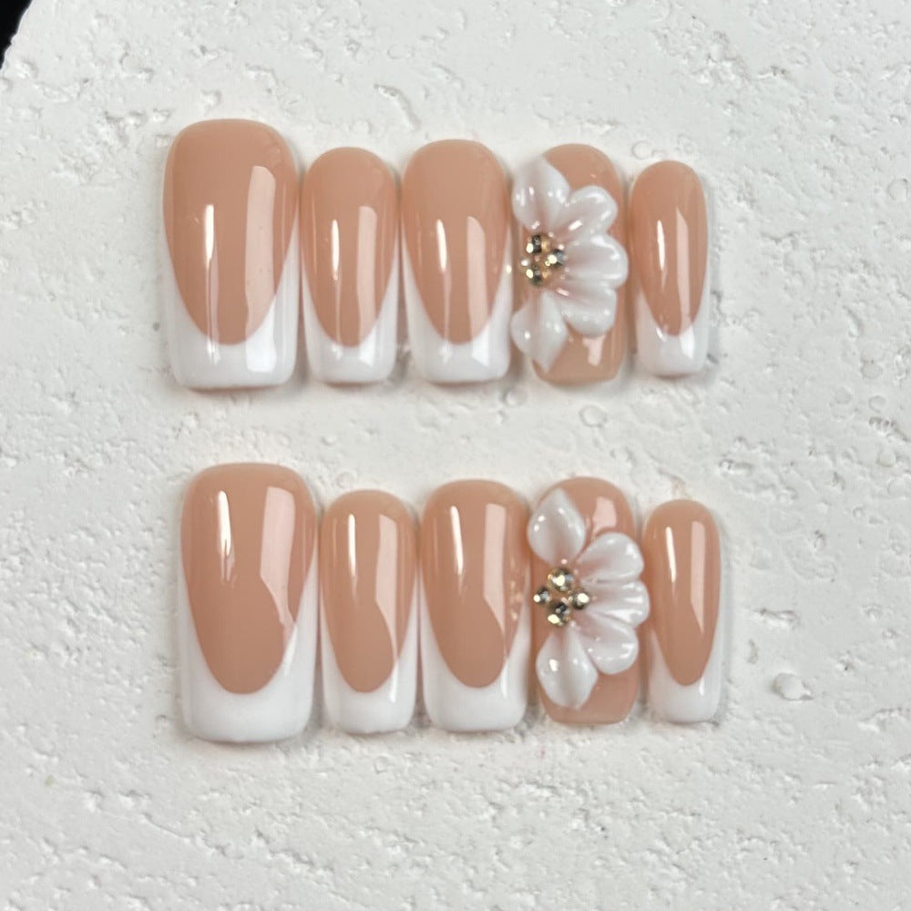 Beige and White Sweet Style Daily Wear False Nails with Flower Decor