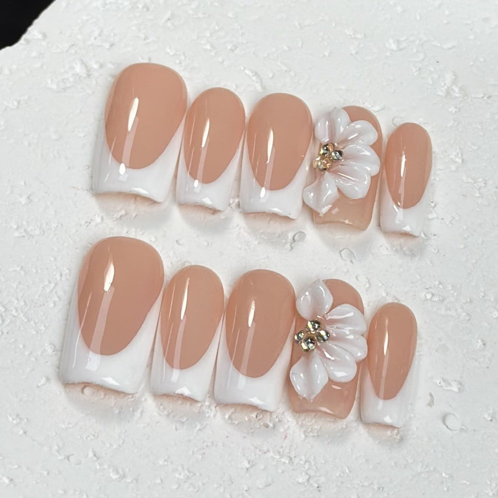 Beige and White Sweet Style Daily Wear False Nails with Flower Decor