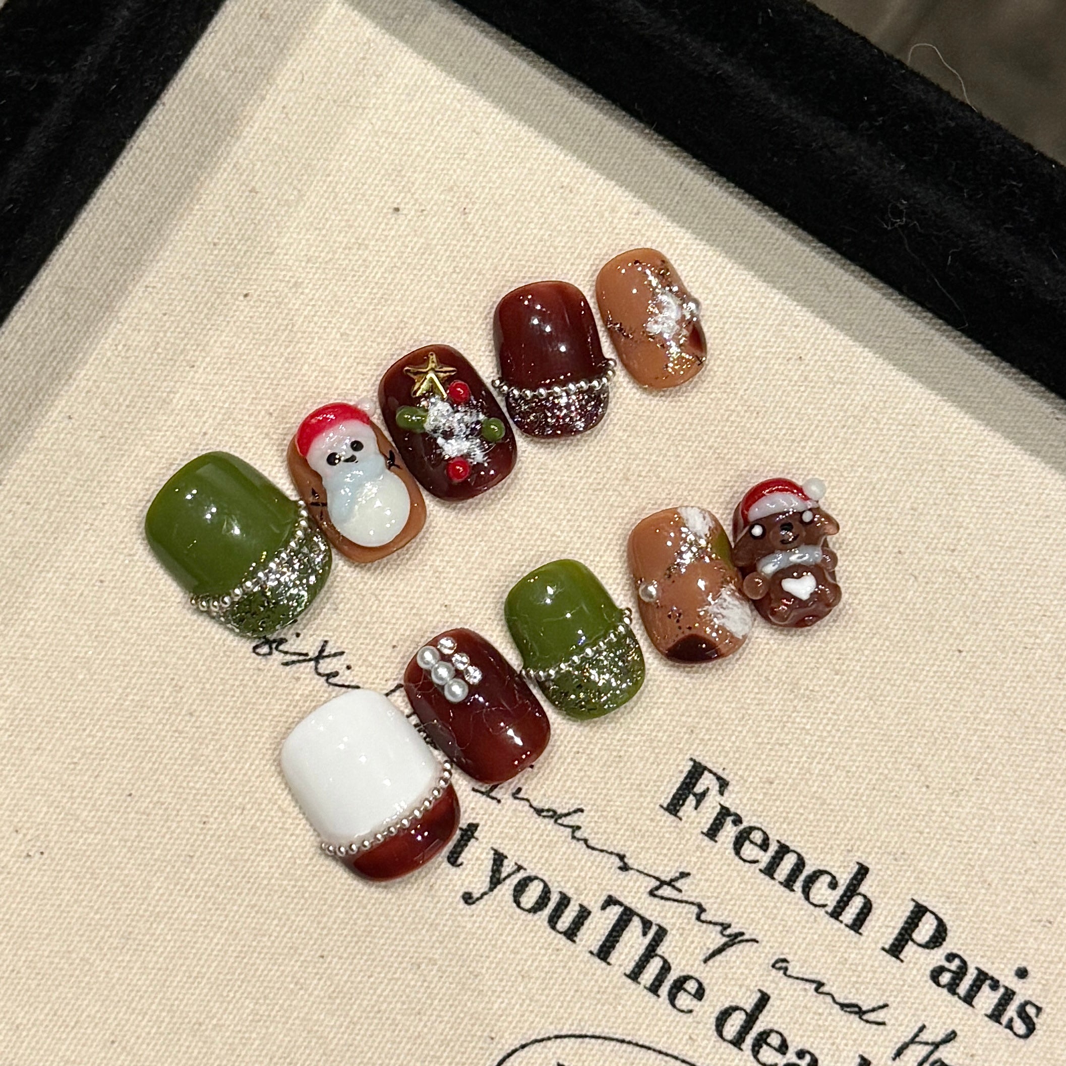 Green, Brown and White Christmas Style Party Wearable Nail Art