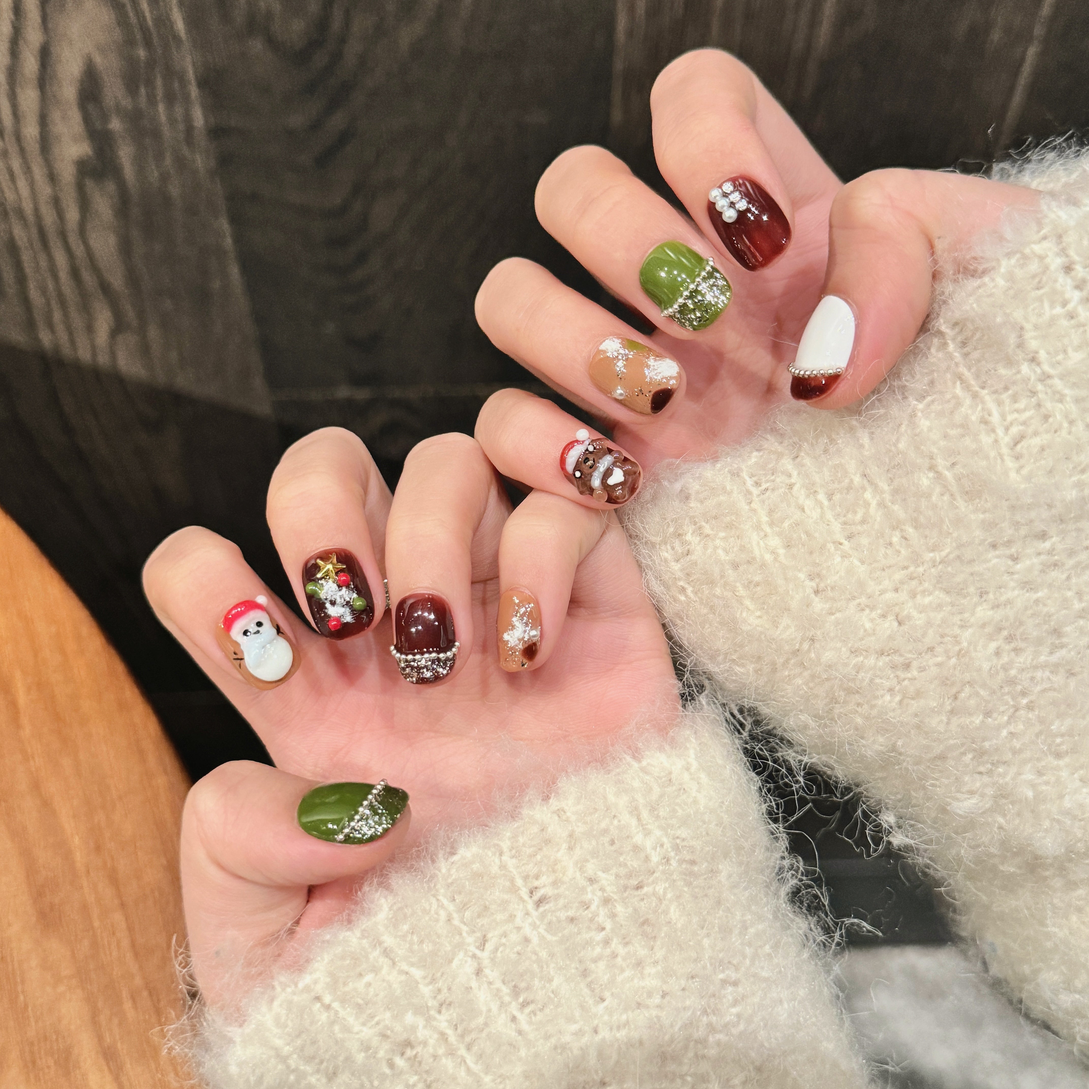 Green, Brown and White Christmas Style Party Wearable Nail Art