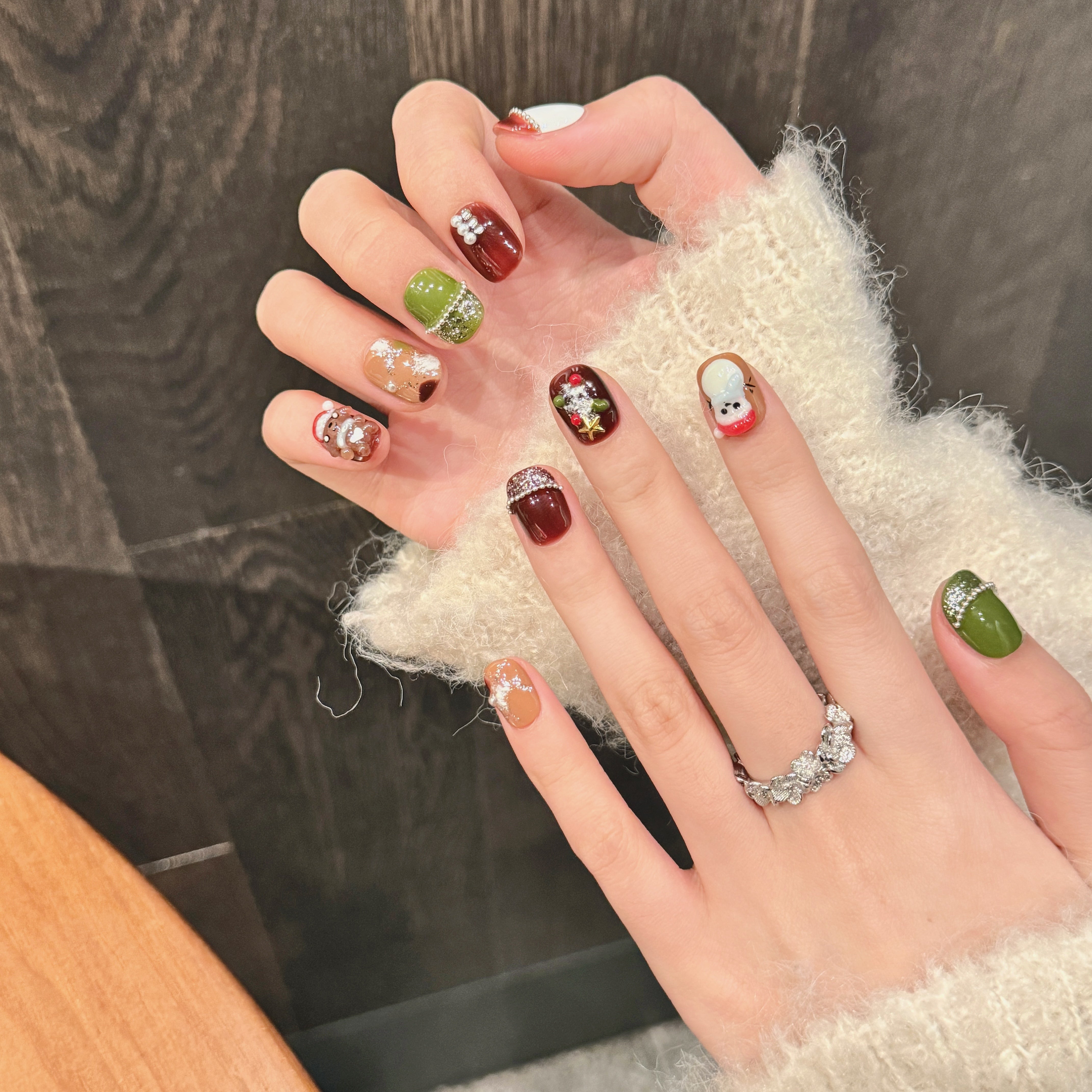 Green, Brown and White Christmas Style Party Wearable Nail Art