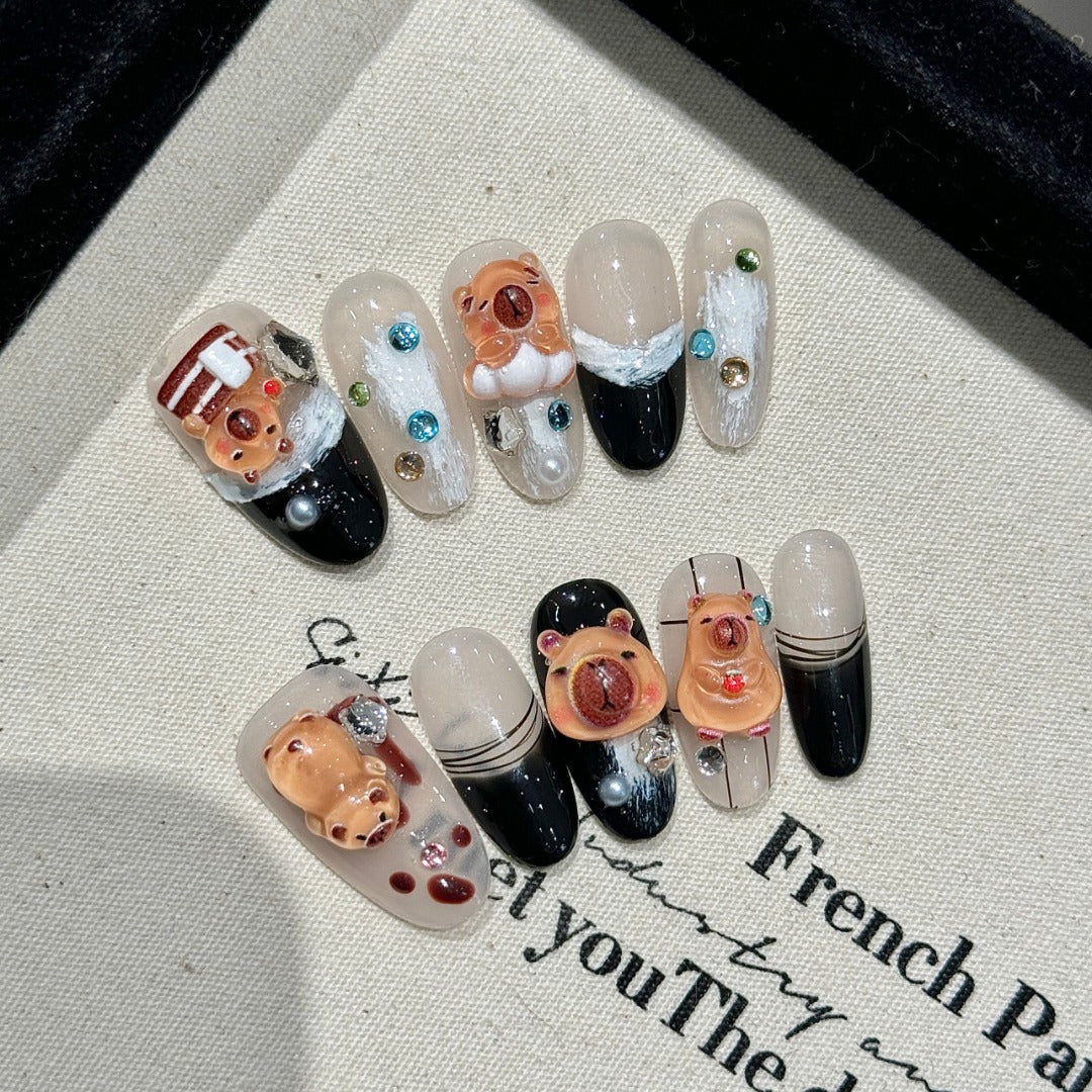Black and Beige Color Kawaii Style Party Wearable Nail Art