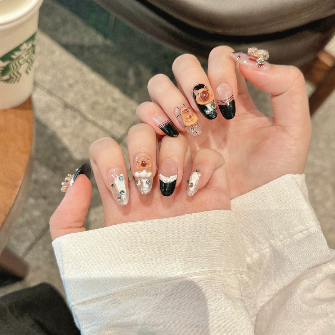 Black and Beige Color Kawaii Style Party Wearable Nail Art
