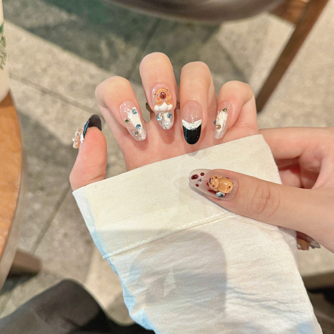 Black and Beige Color Kawaii Style Party Wearable Nail Art