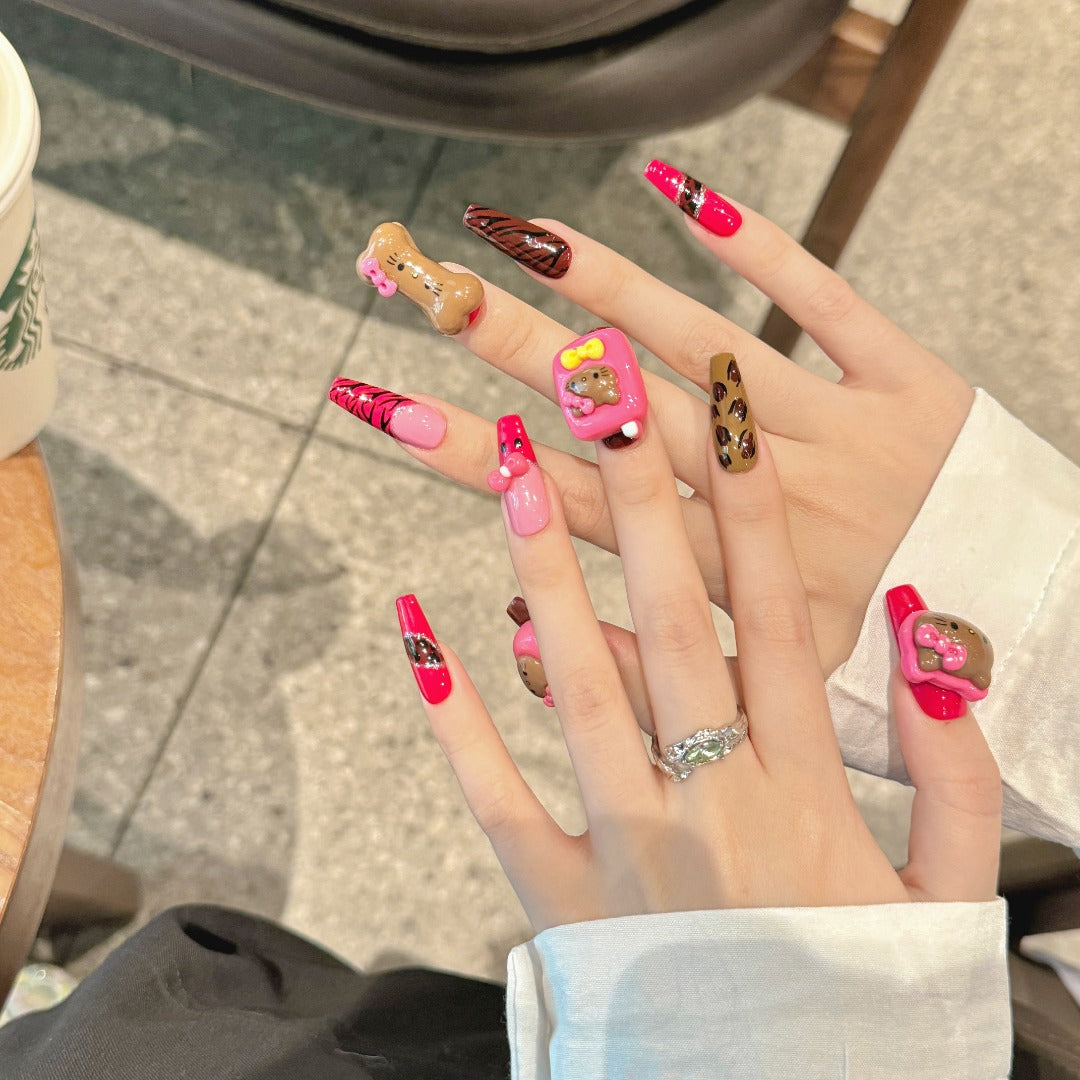 Pink & Brown Cute Style Party Wearable Nail Art