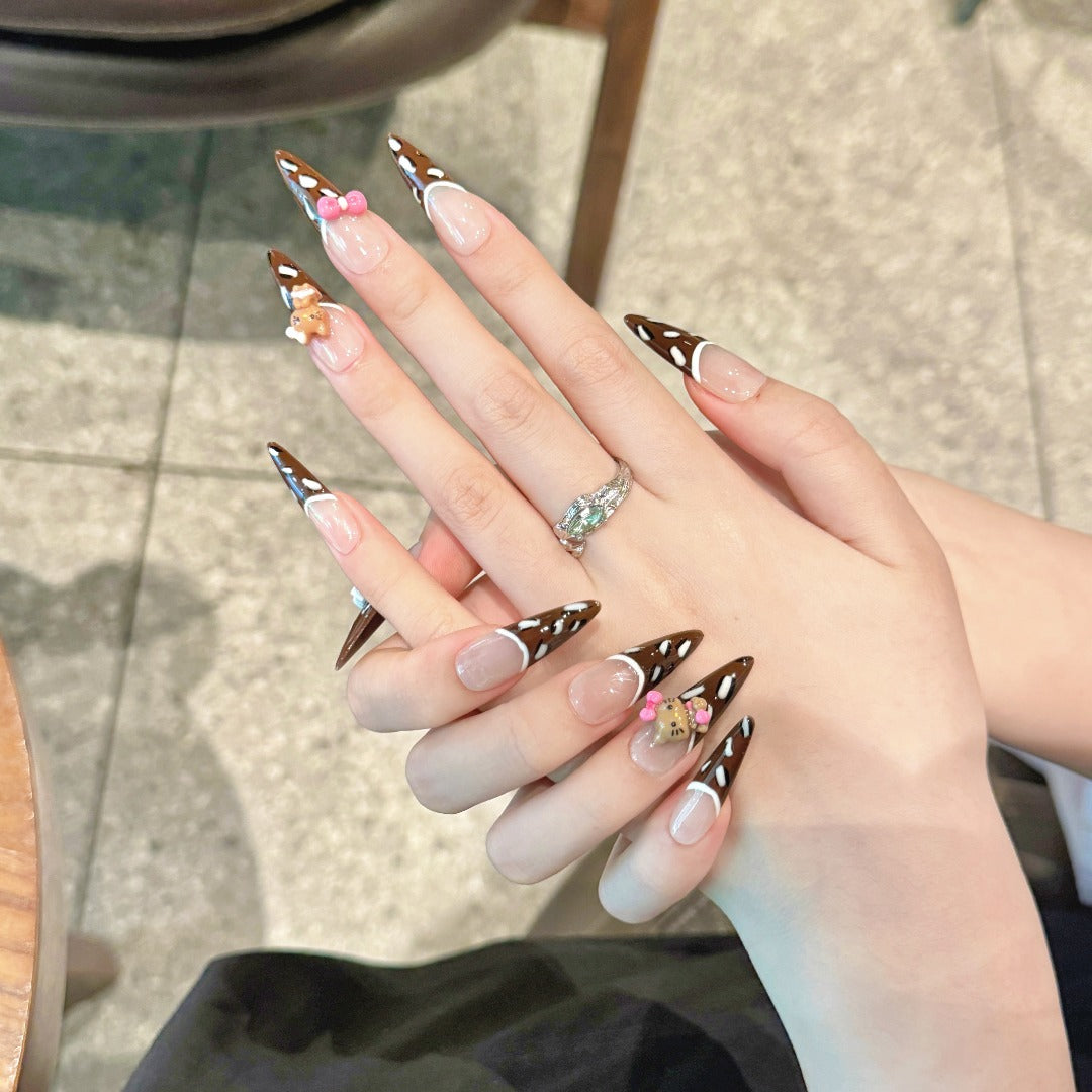 Brown and White Cute Daily Wearable Press-On Nails
