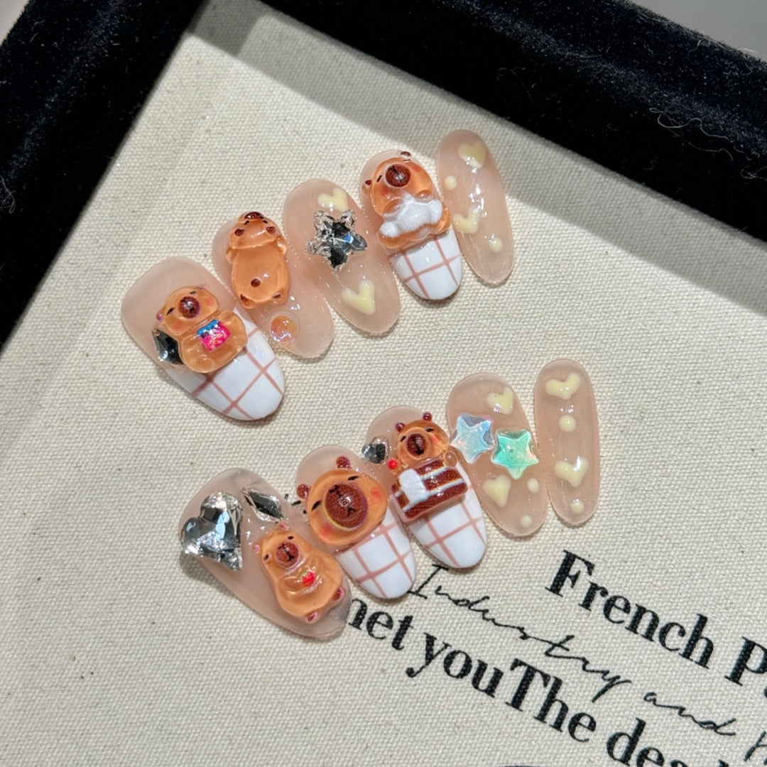 Peach Color Cute Style Daily Wear 3D Bear Nail Art