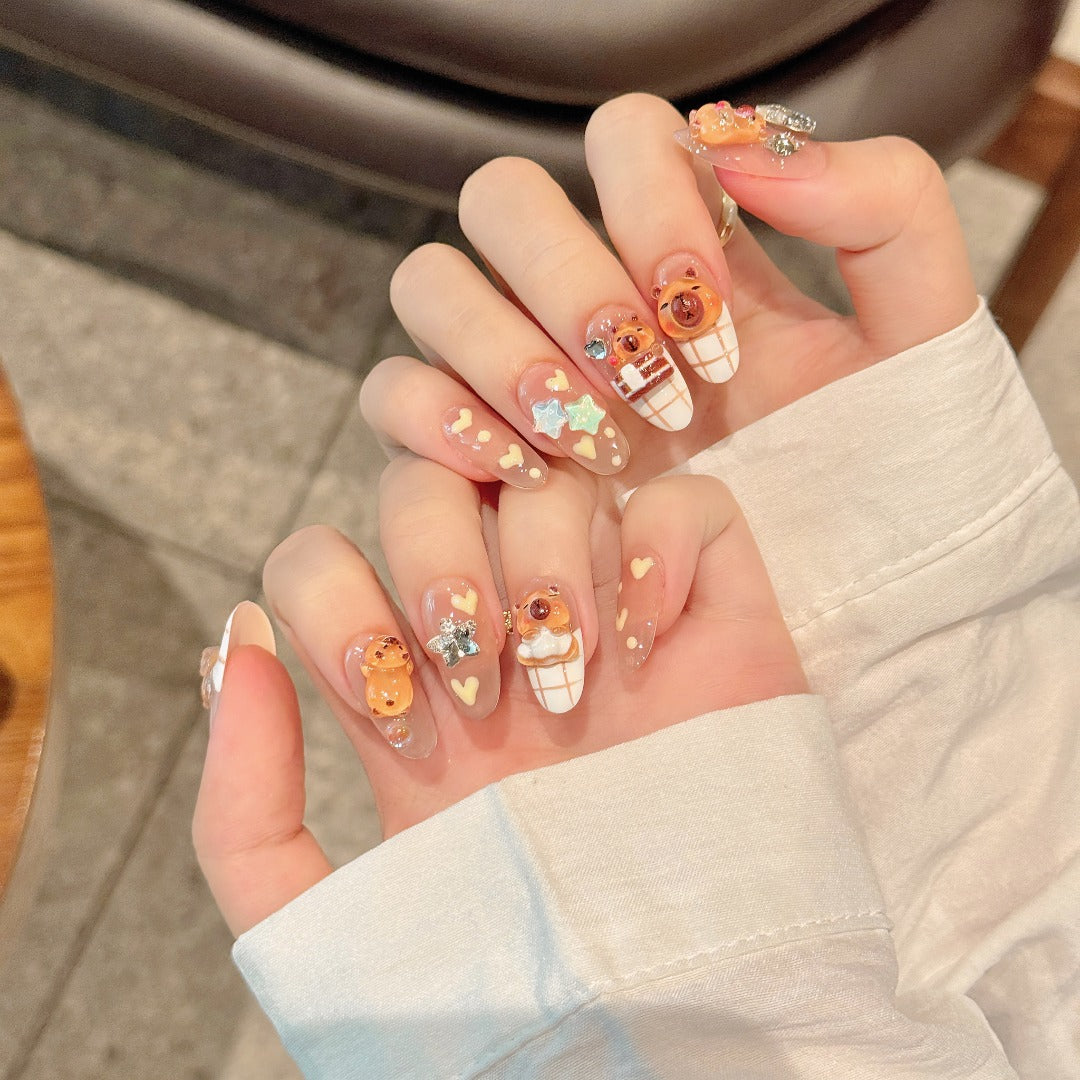 Peach Color Cute Style Daily Wear 3D Bear Nail Art