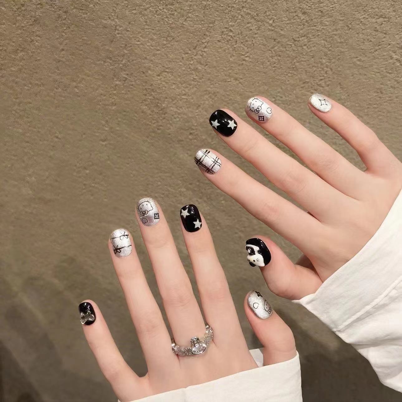 Black & Silver Cute Style Party Wearable Nail Art