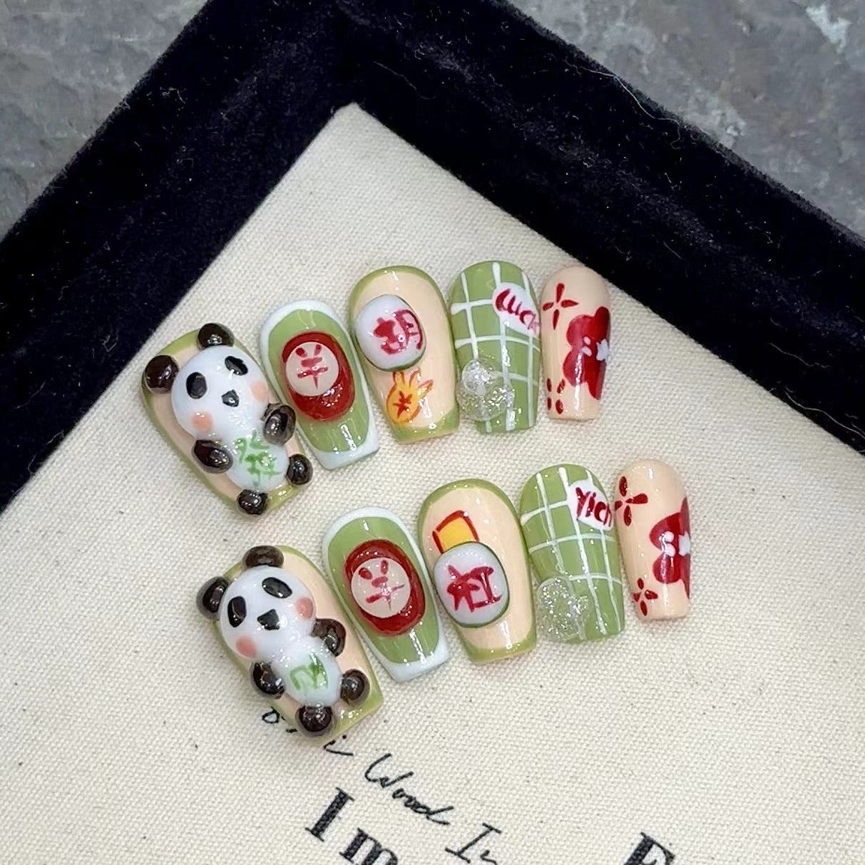 Green and Red Color, Cute Style, Daily Use, Adorable Panda - Themed Nail Art