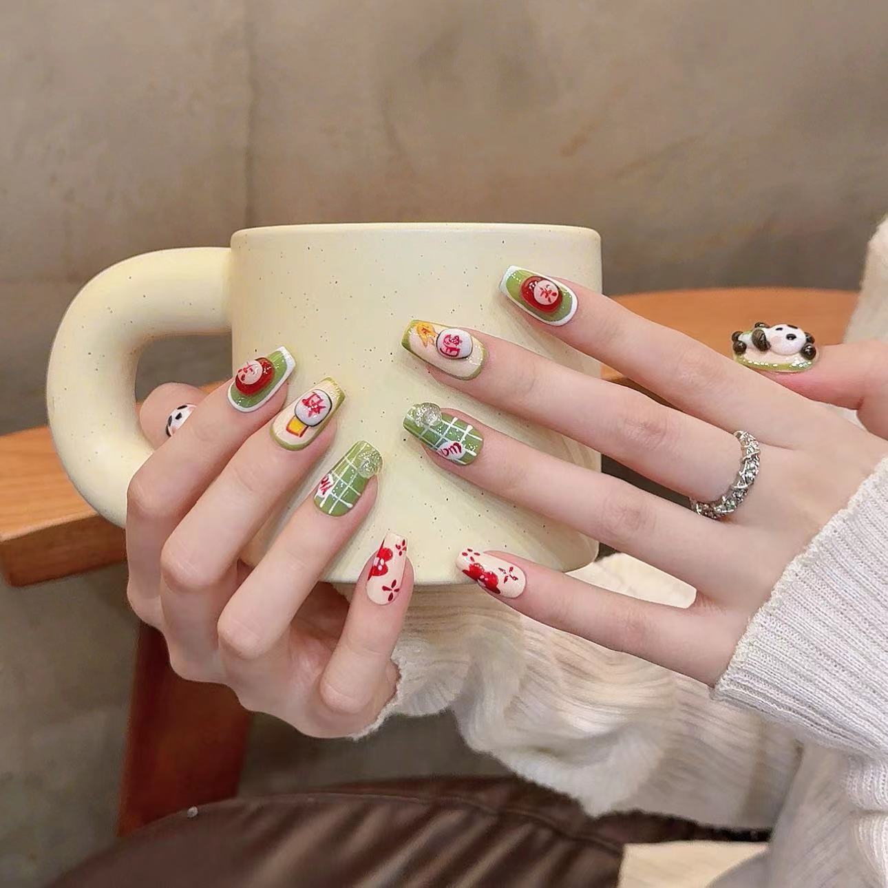 Green and Red Color, Cute Style, Daily Use, Adorable Panda - Themed Nail Art