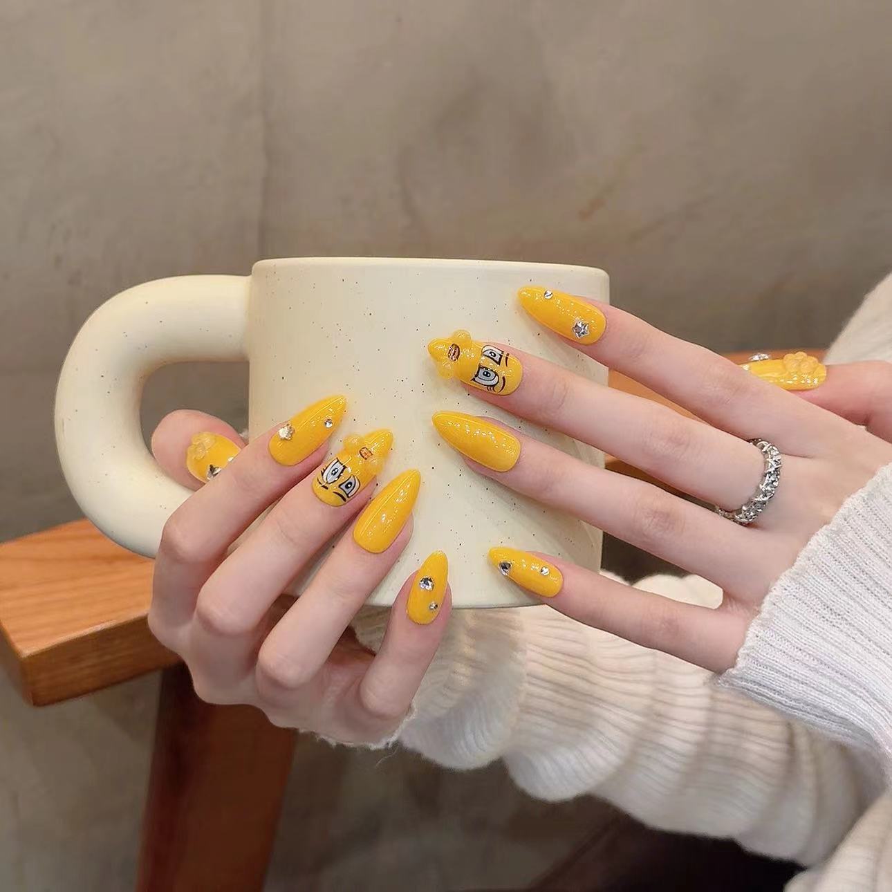 Bright Yellow Cartoon Style Casual Wearable Nail Art