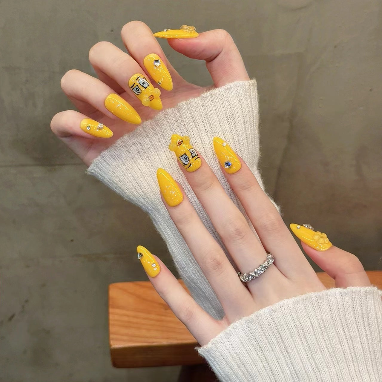 Bright Yellow Cartoon Style Casual Wearable Nail Art