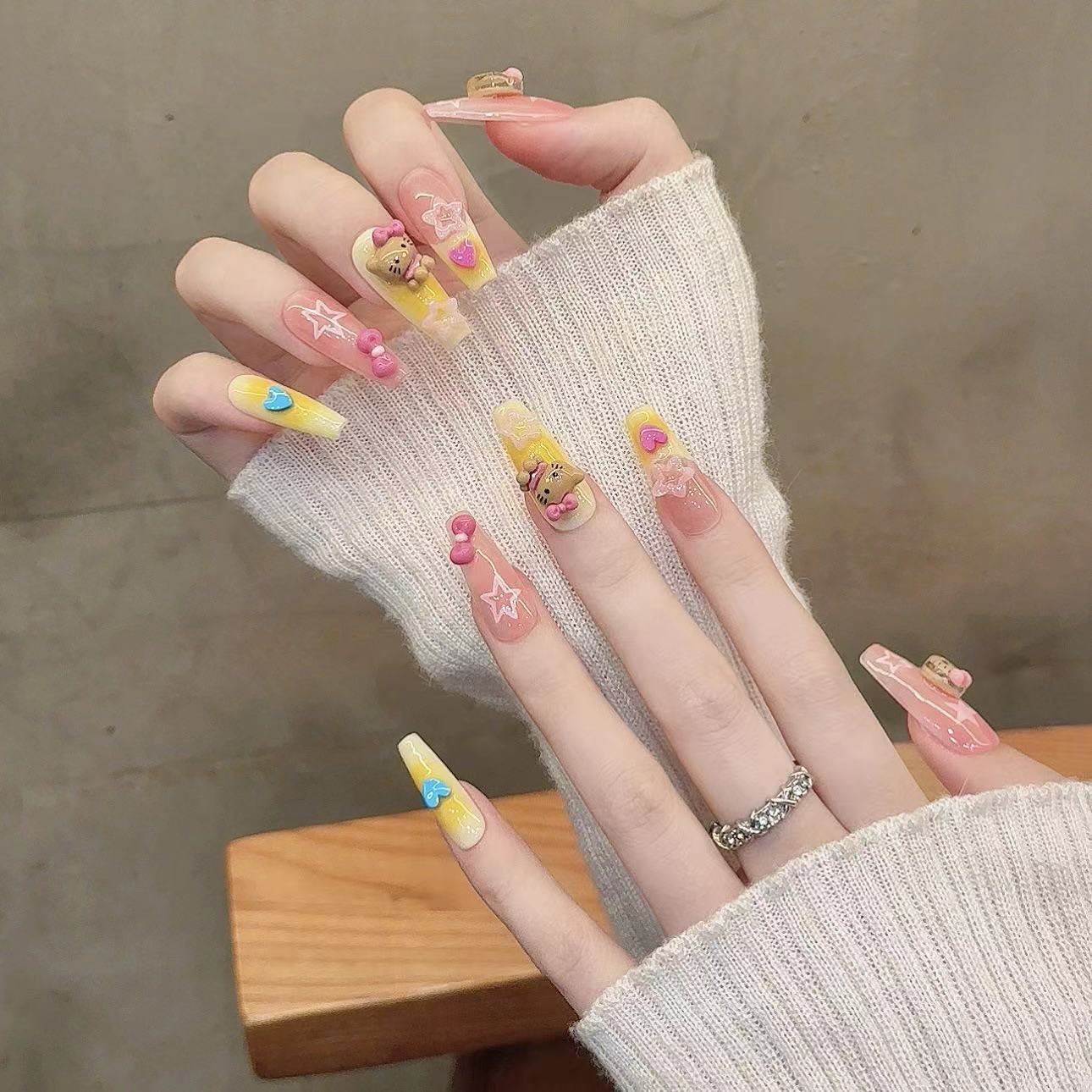 Pastel Sweet Style Daily Wear 3D Hello Kitty Press - On Nails