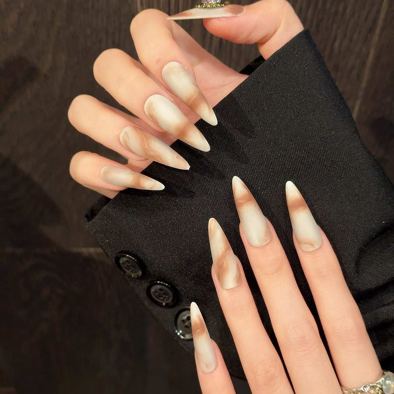 Brown and white retro style party wear fake nails