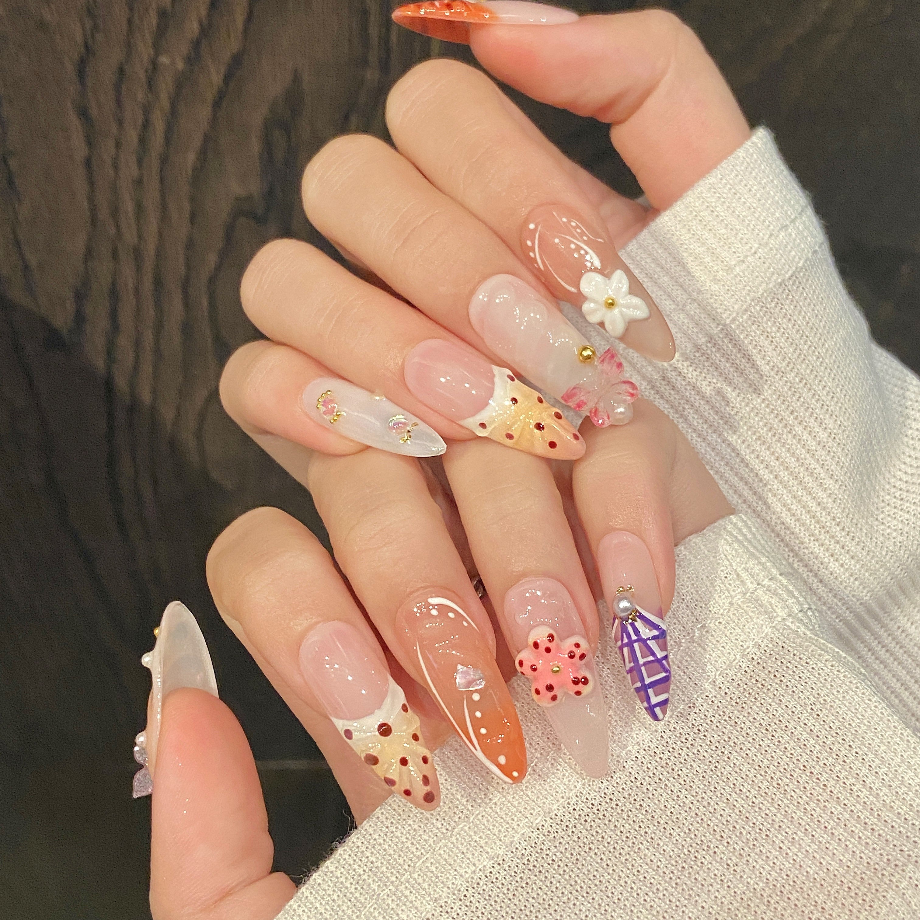 Soft Pink and Orange Sweet and Cute Daily Wear Nail Art
