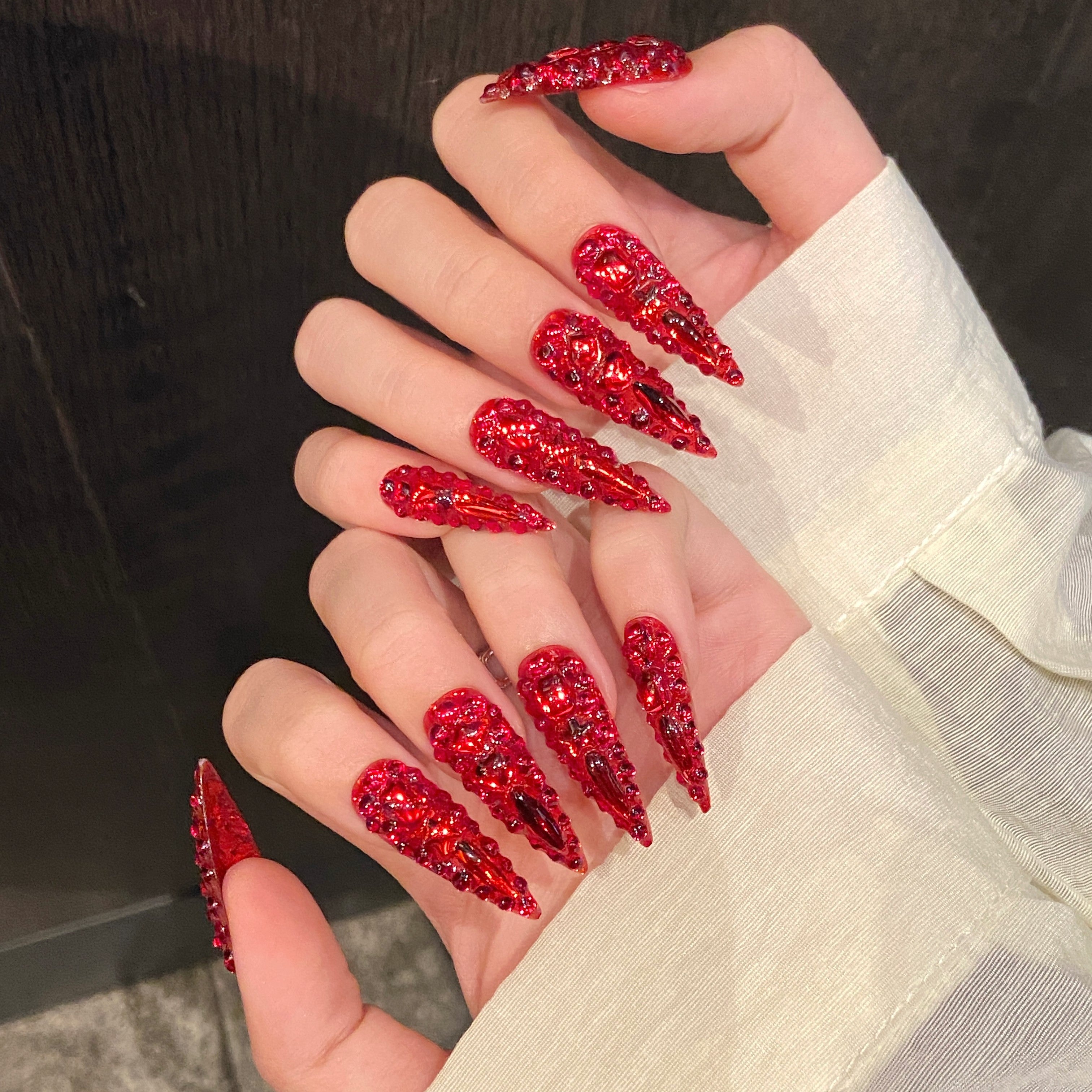 Bright Red Gothic Punk Party Wearable Nail Art