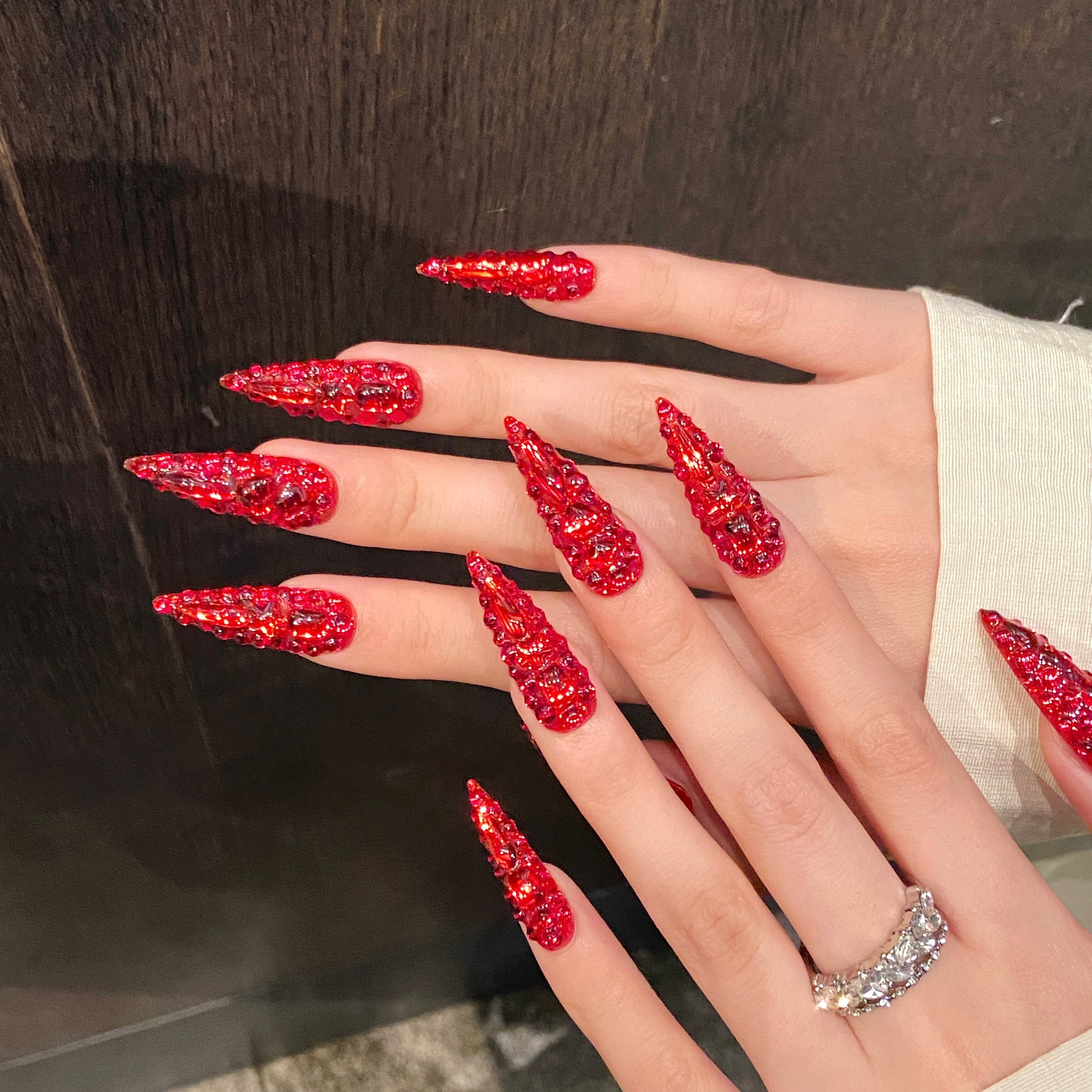 Bright Red Gothic Punk Party Wearable Nail Art