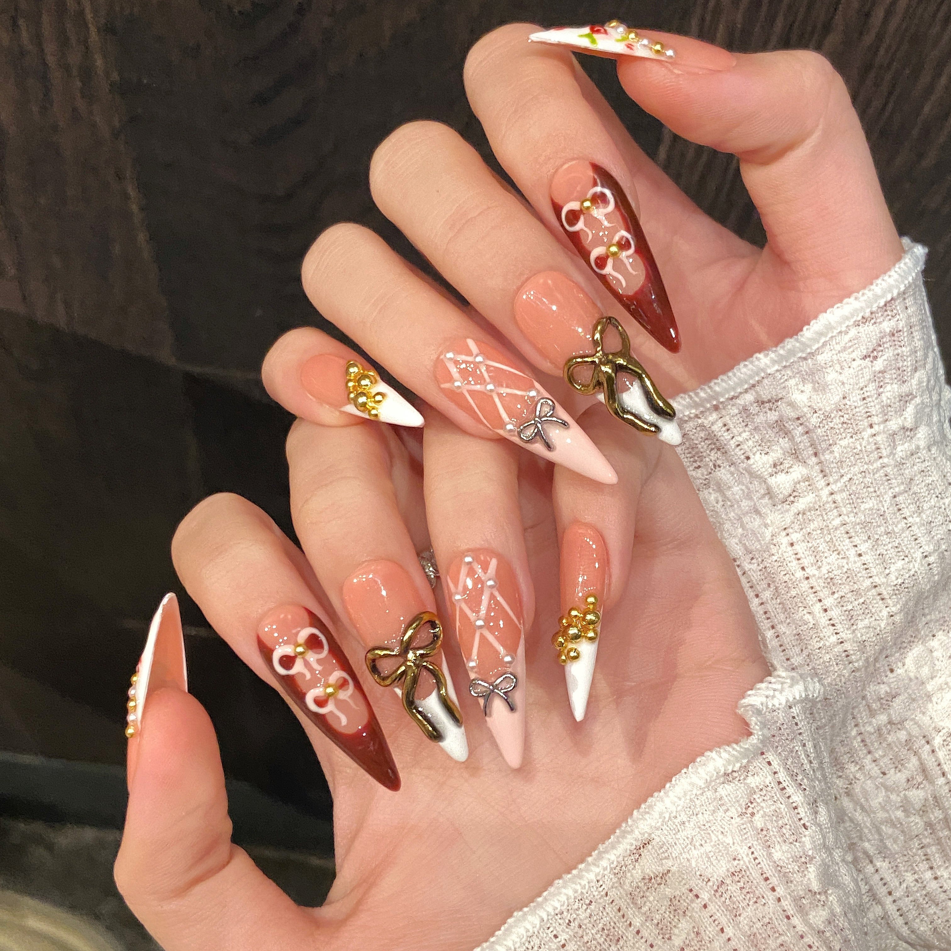 Peach and Pink Color Sweet and Elegant Style Daily Wear Press - on Nails
