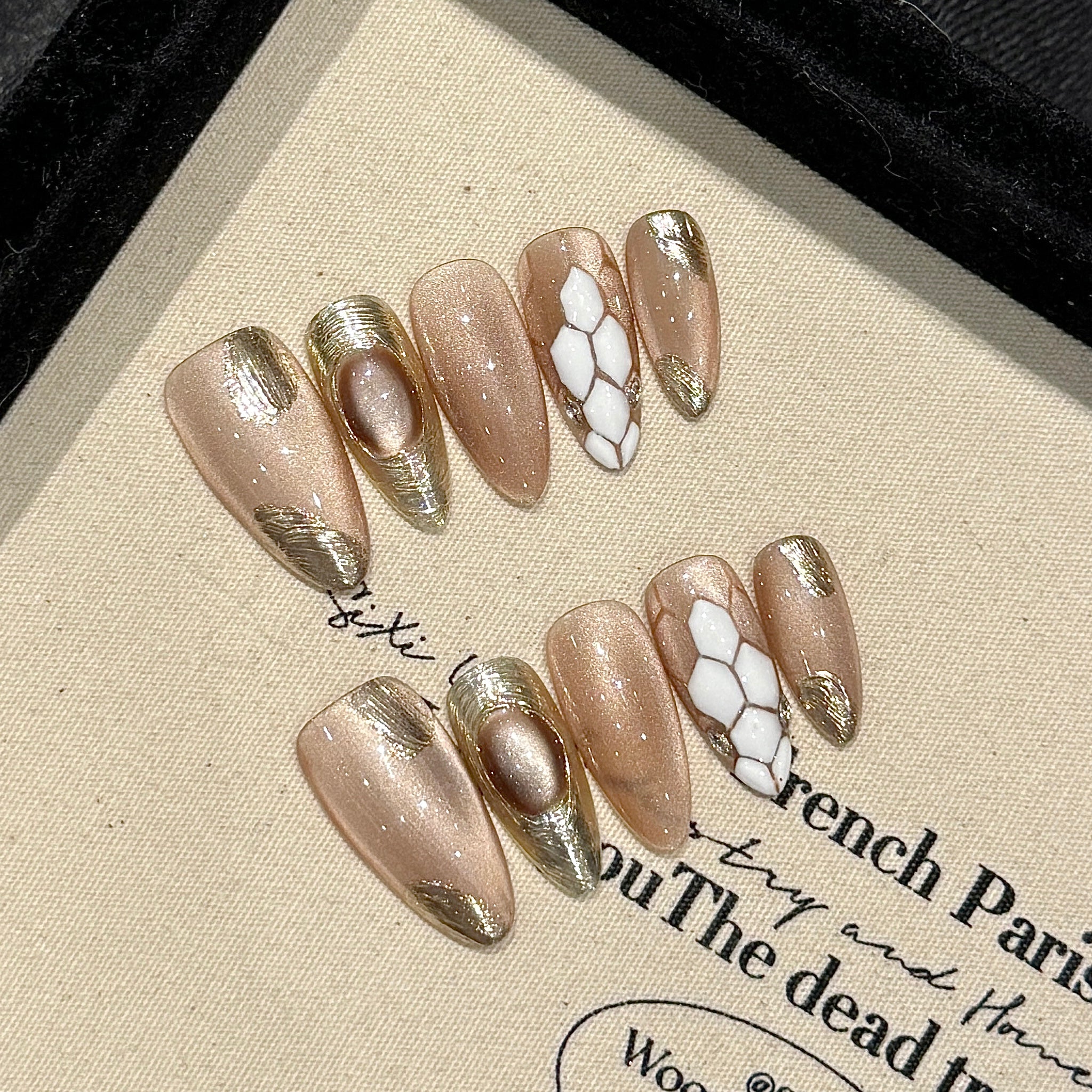 Beige and gold trendy party wear nail tips