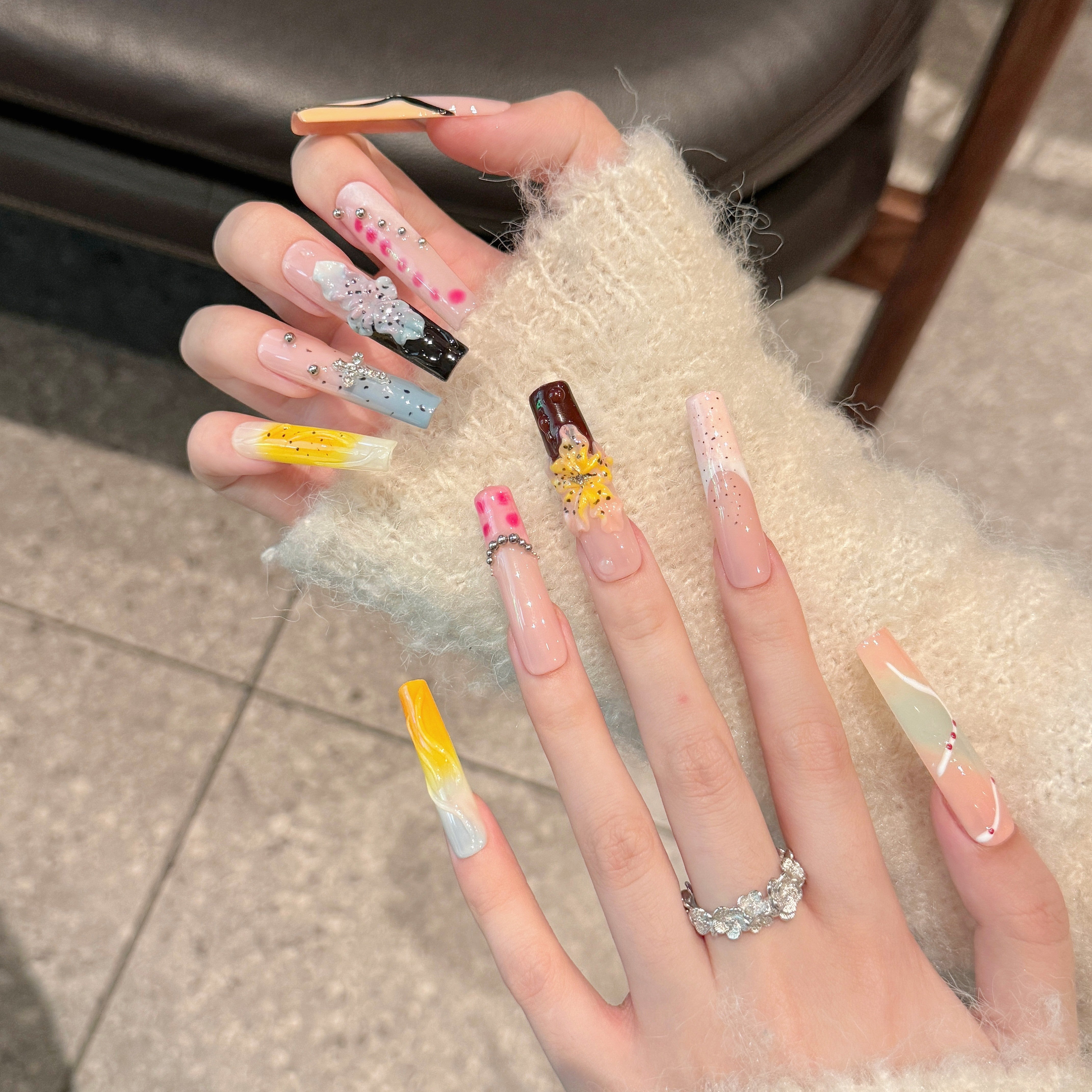 Summer flower style, with bright colors and long nails