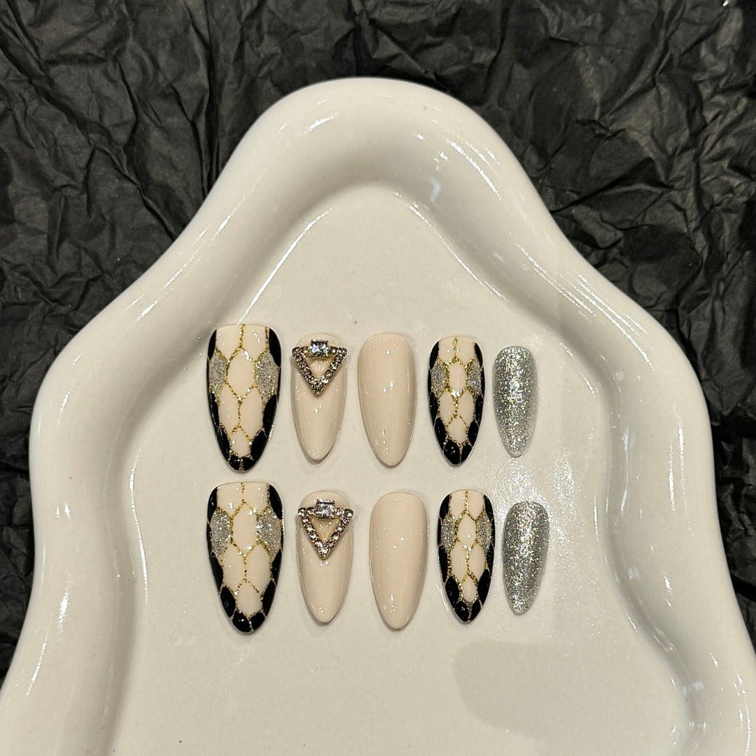 Beige Black Silver Elegant Glamorous Party Wearable Nail Art