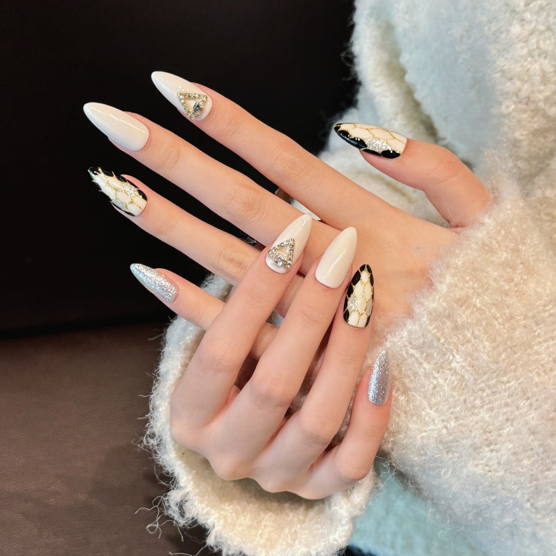 Beige Black Silver Elegant Glamorous Party Wearable Nail Art
