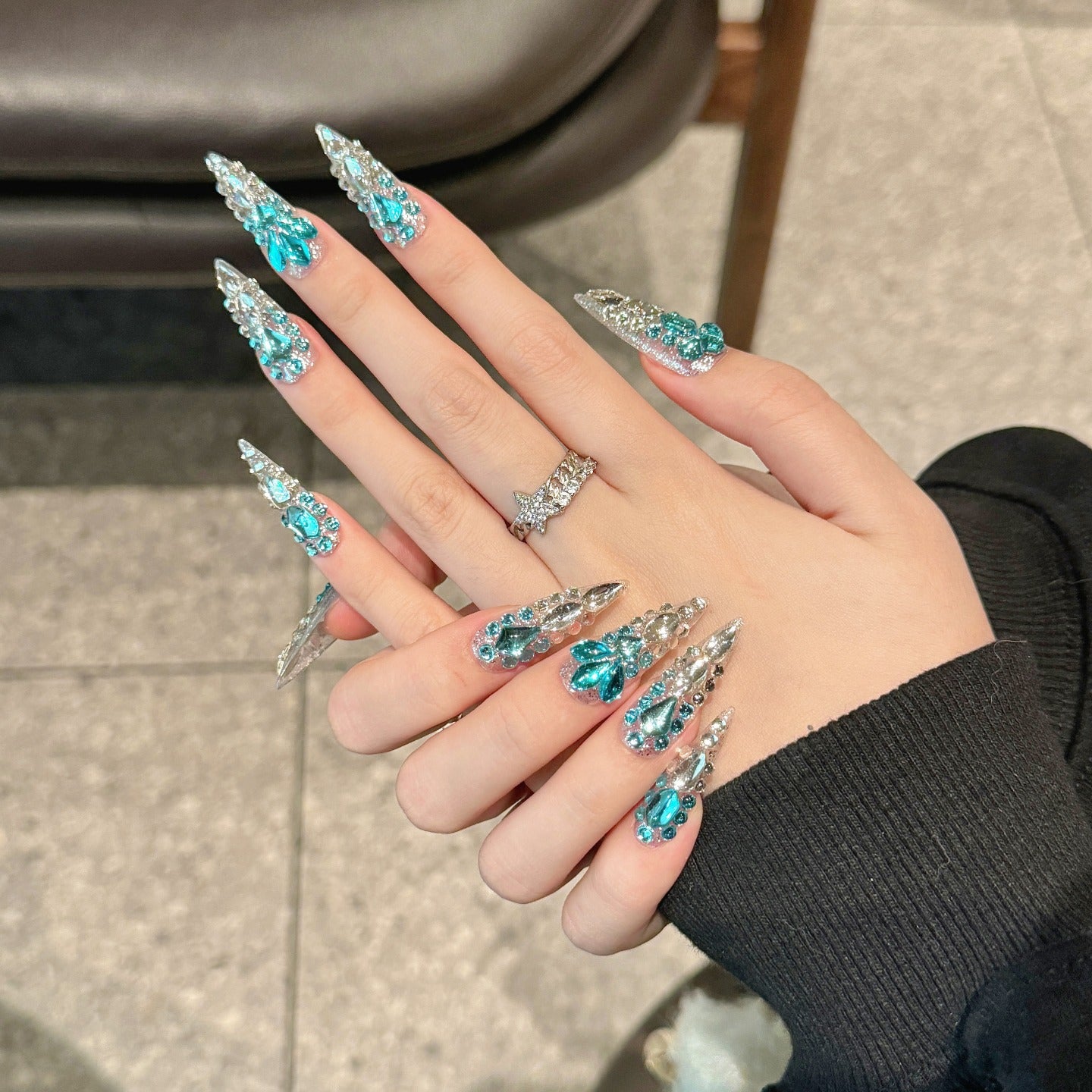 Silver-blue Glamorous Party Wearable Nail Art
