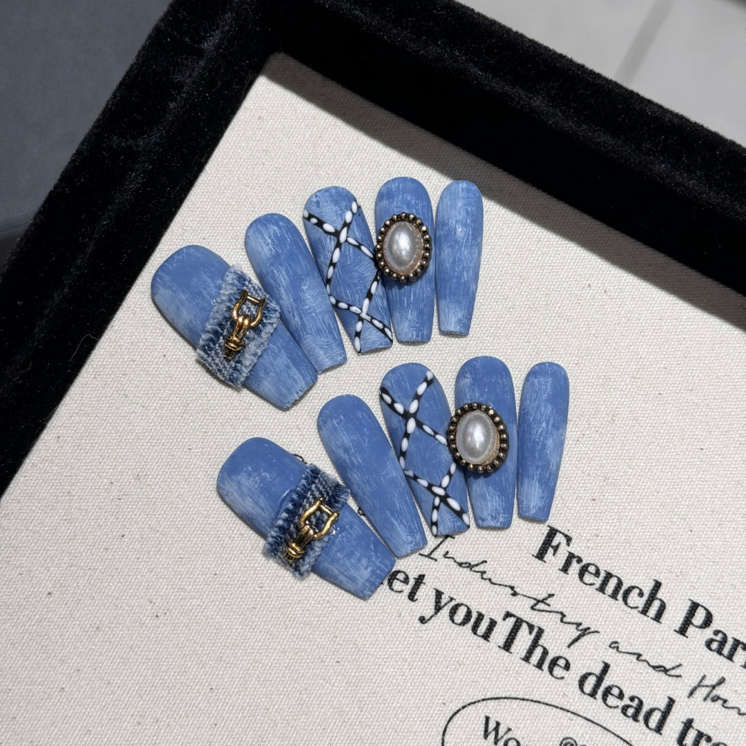 Blue Vintage Style Daily Wearable Press-on Nails