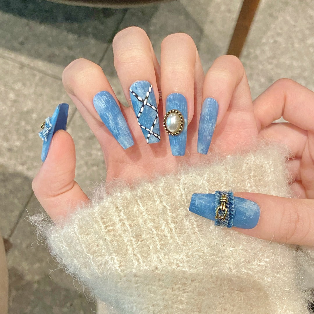 Blue Vintage Style Daily Wearable Press-on Nails
