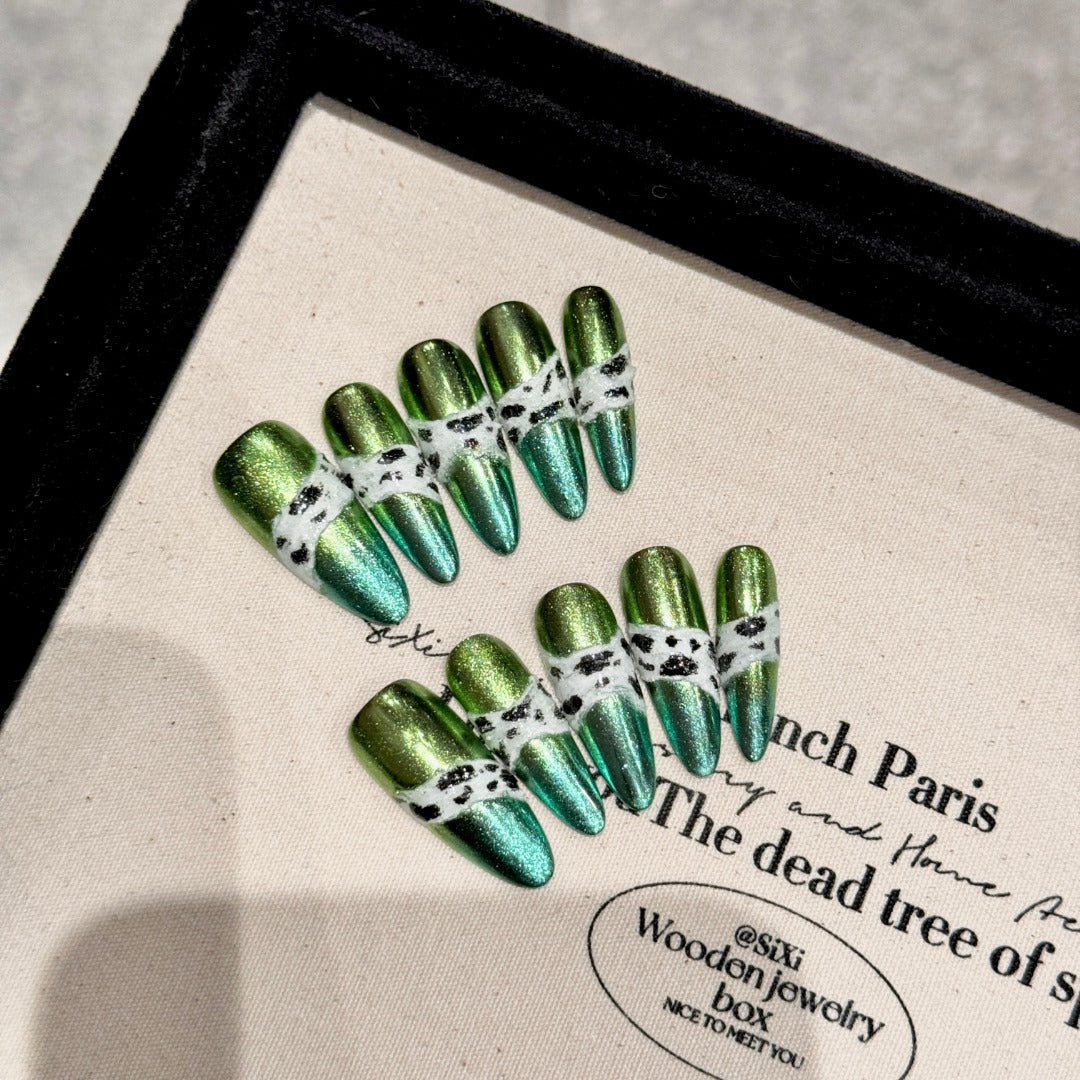 Green Metallic Leopard Print Party Wearable Nail Art Tips